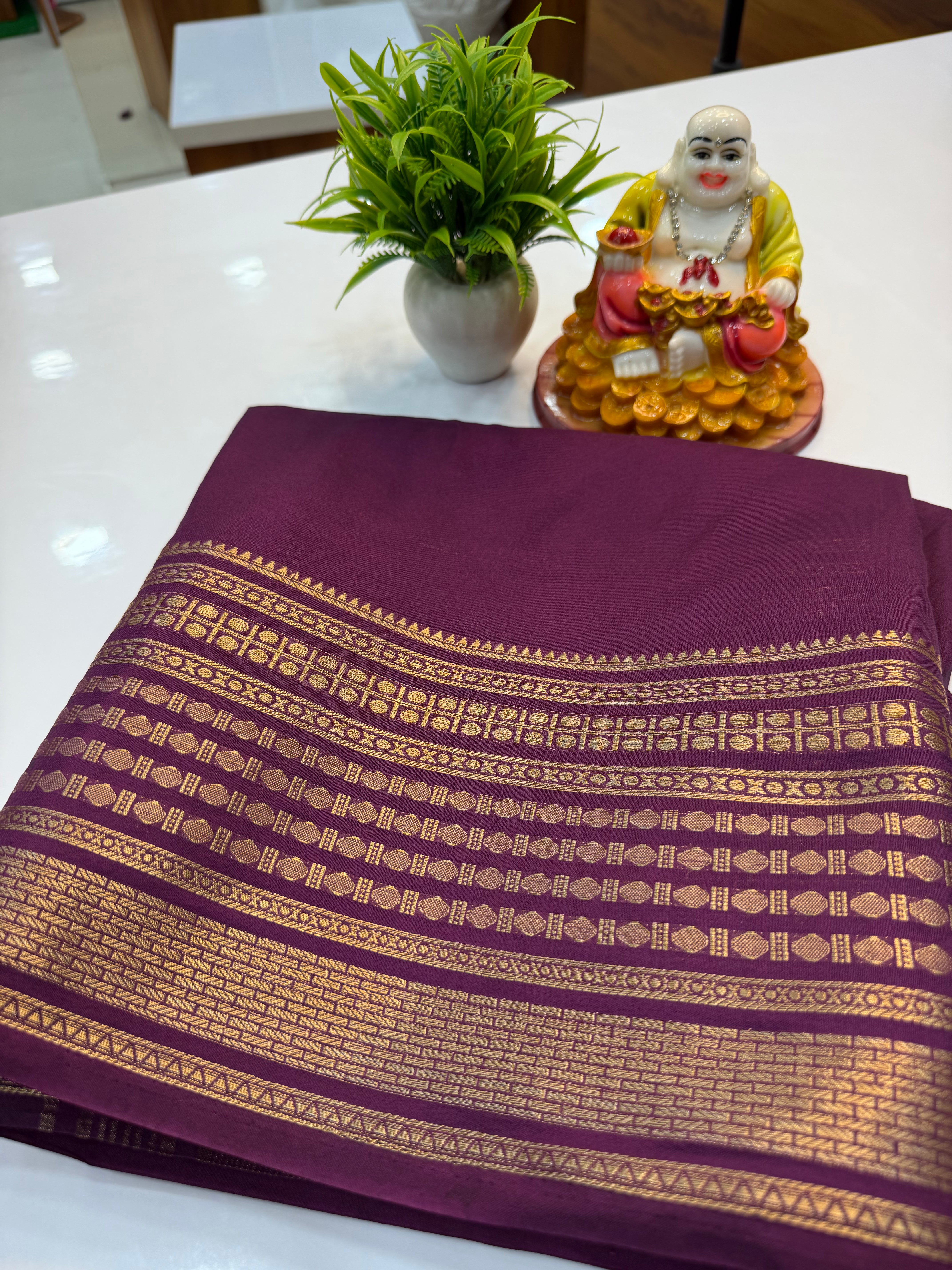 Mysore Crepe Silk Saree with Rudrakshi Border – Timeless Grace in Every Drape