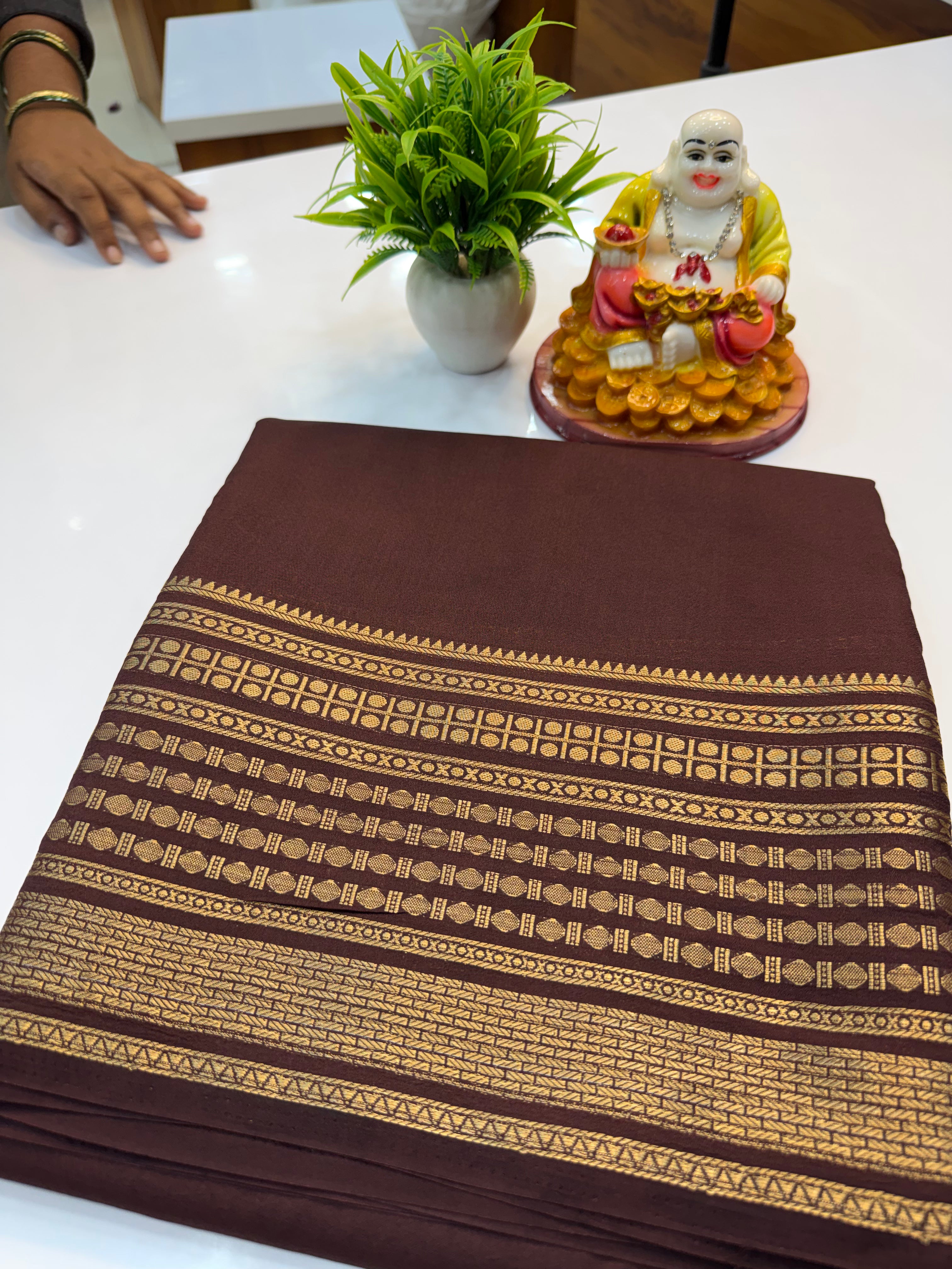 Mysore Crepe Silk Saree with Rudrakshi Border – Timeless Grace in Every Drape