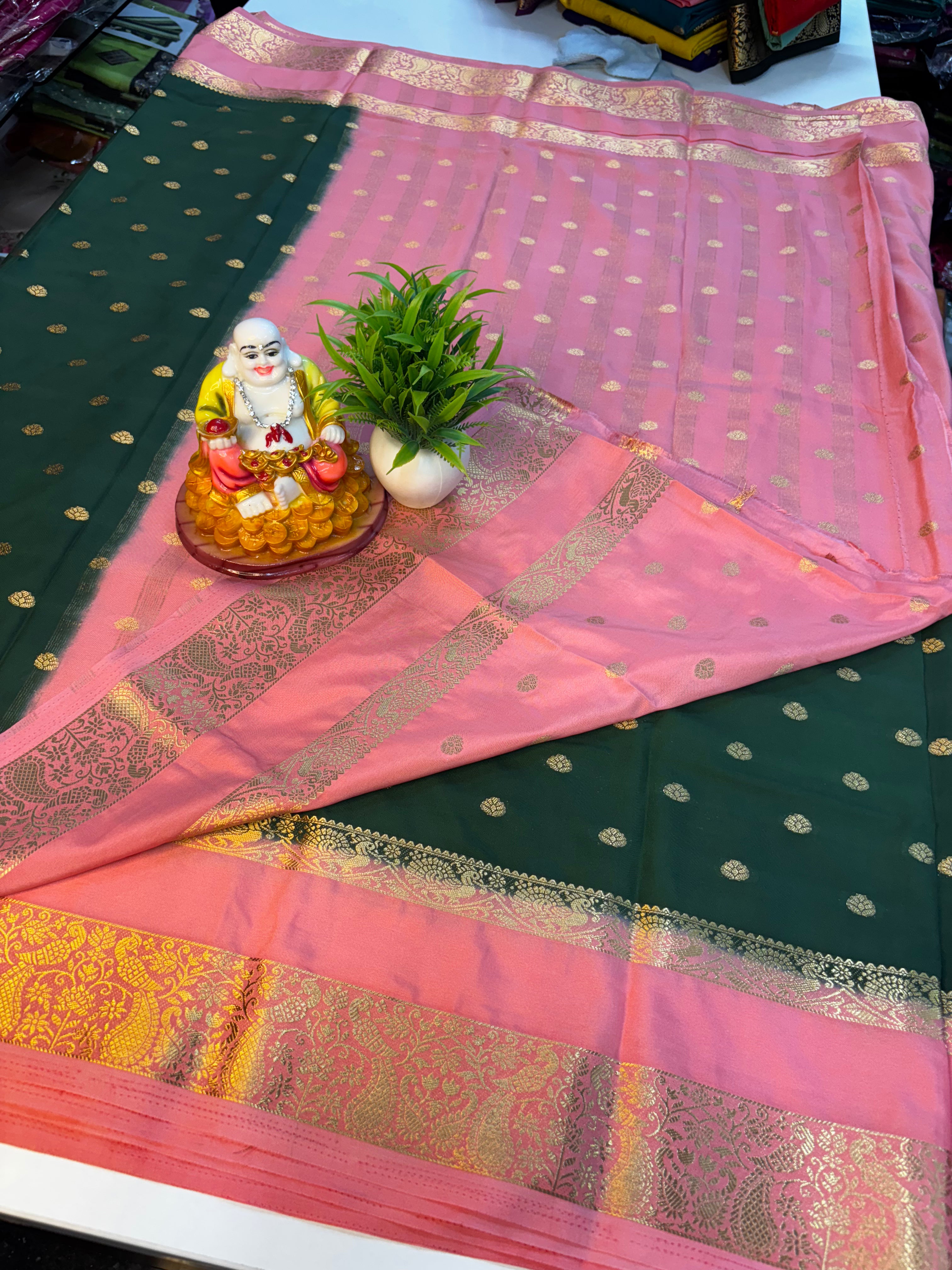 Premium Mysore Crepe Silk Saree with Buttas & Peacock Bentex Border