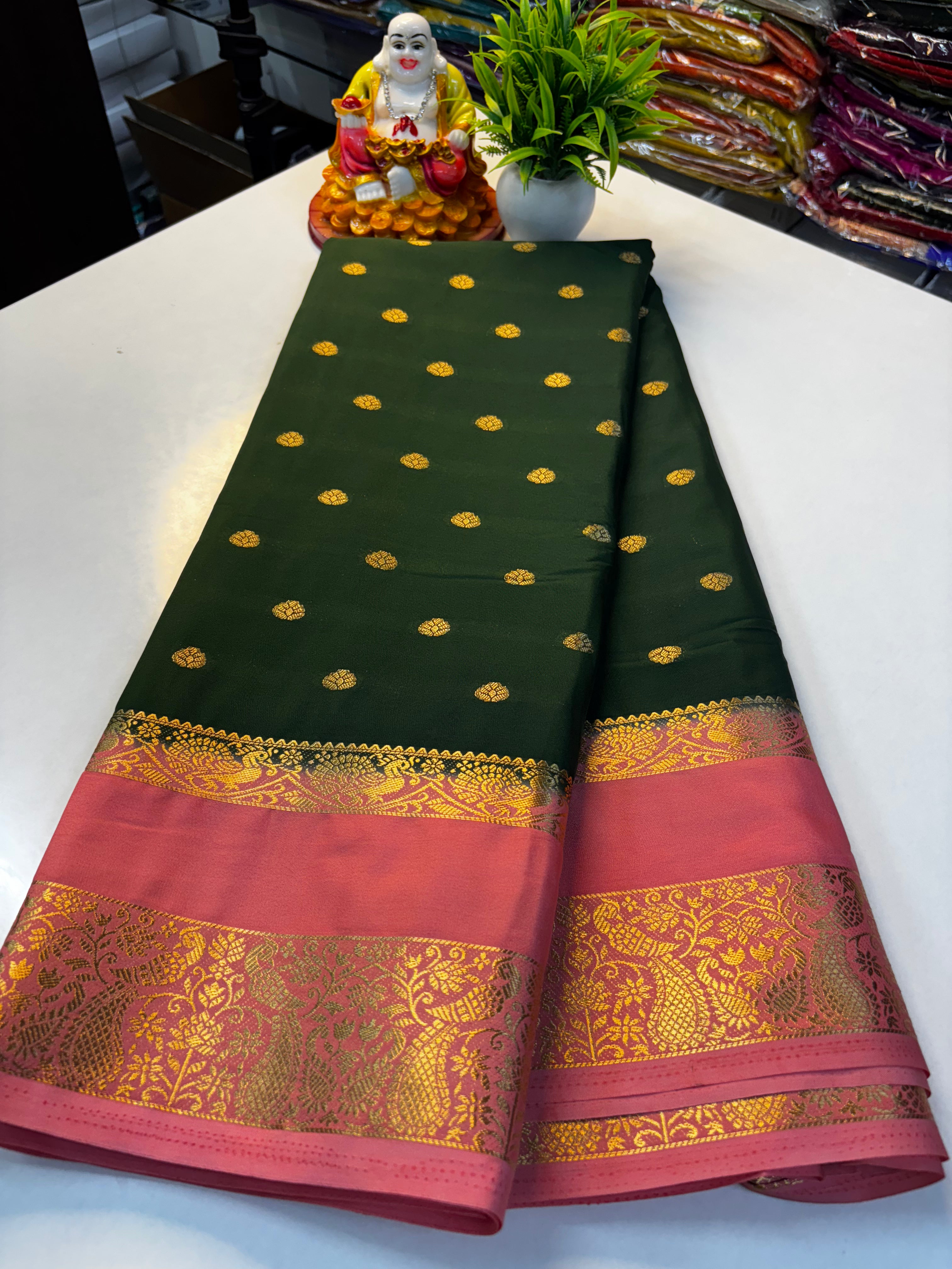 Premium Mysore Crepe Silk Saree with Buttas & Peacock Bentex Border