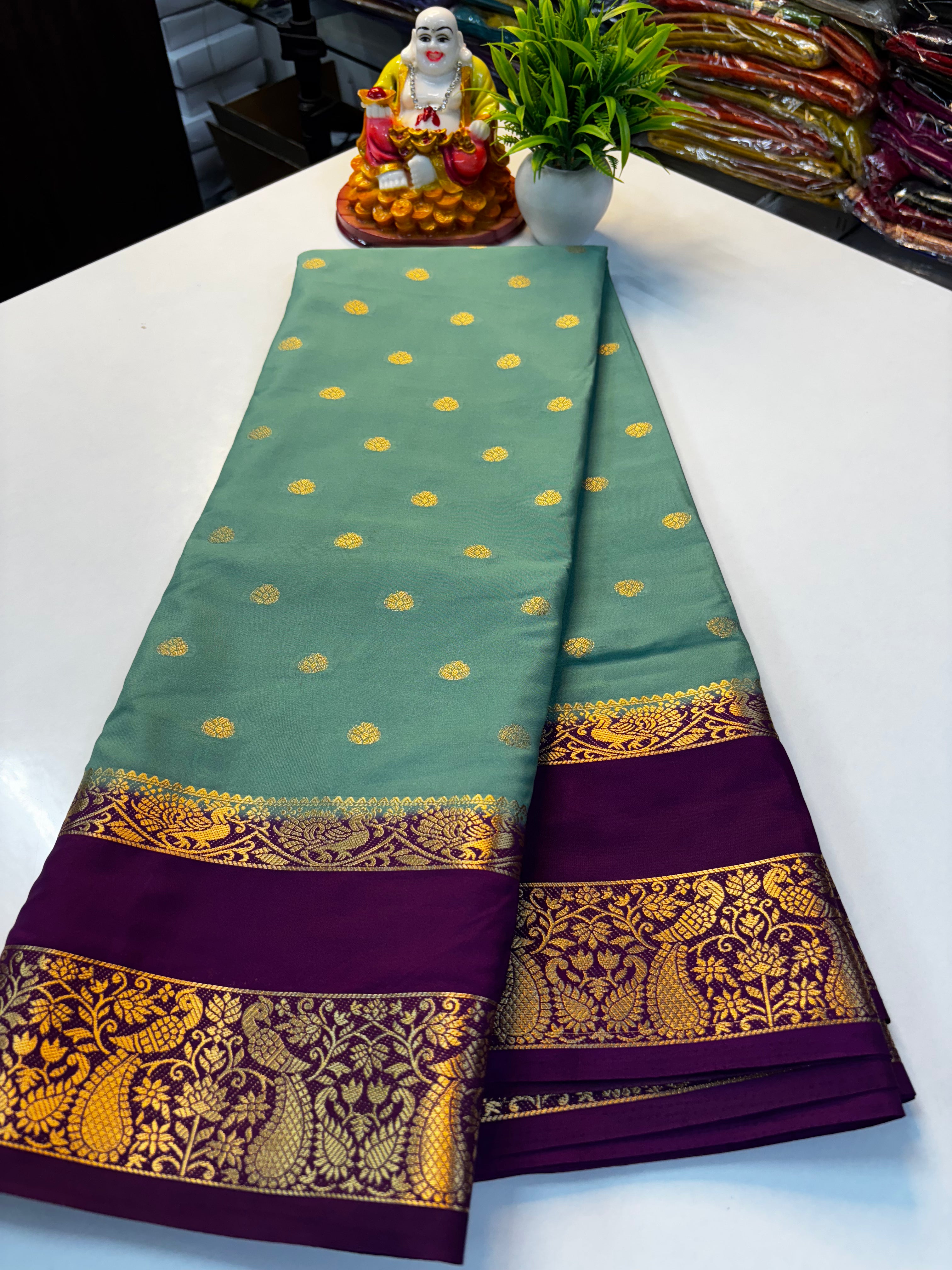 Premium Mysore Crepe Silk Saree with Buttas & Peacock Bentex Border