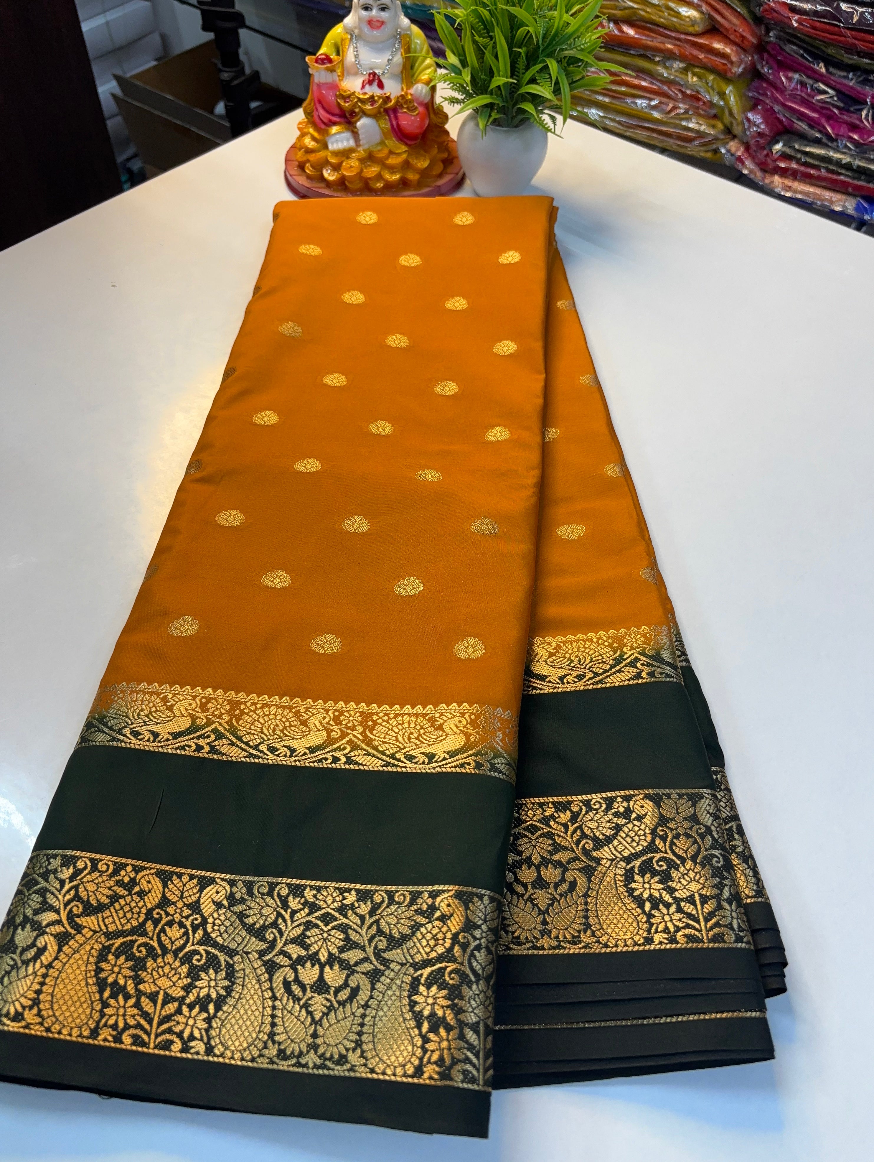 Premium Mysore Crepe Silk Saree with Buttas & Peacock Bentex Border