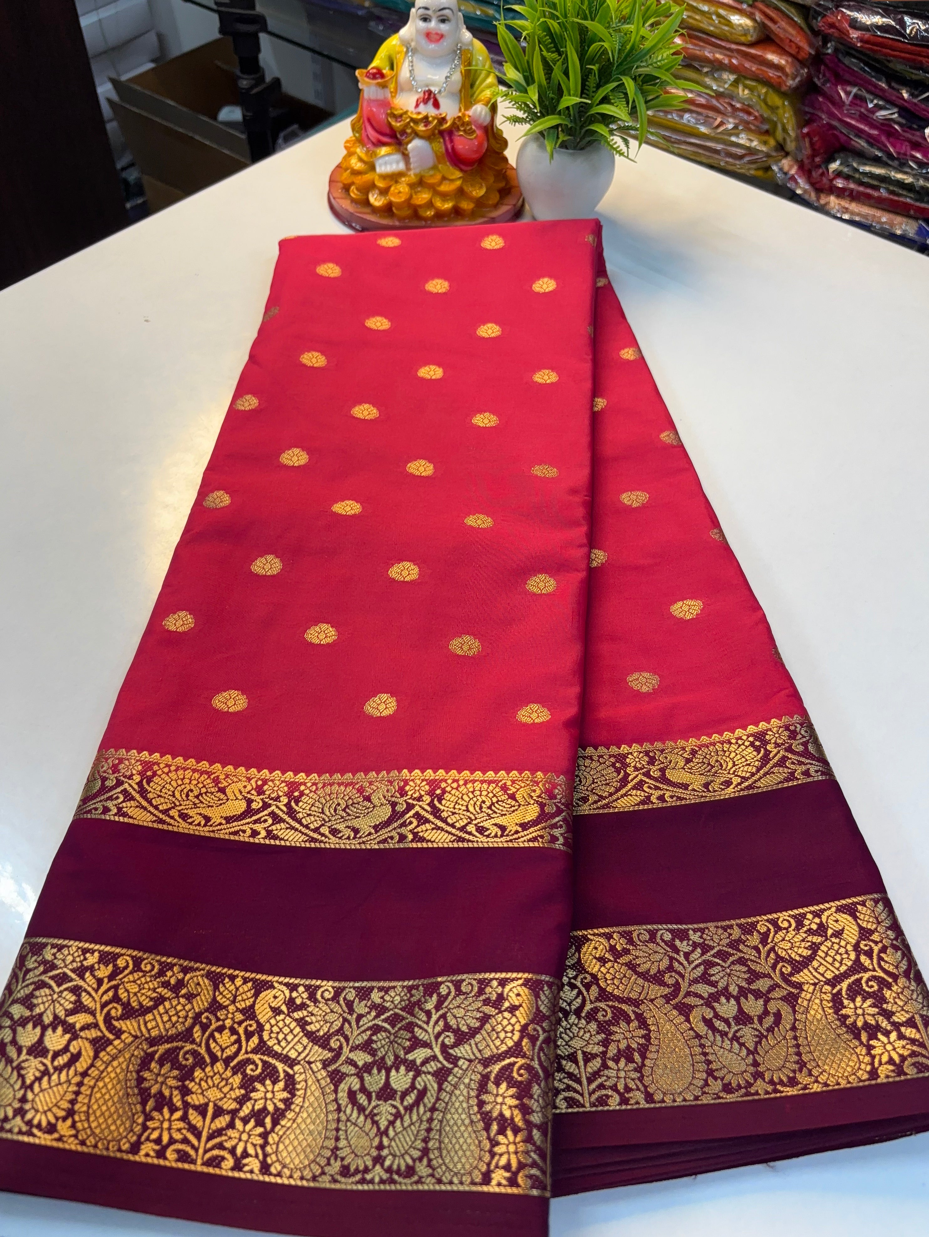 Premium Mysore Crepe Silk Saree with Buttas & Peacock Bentex Border