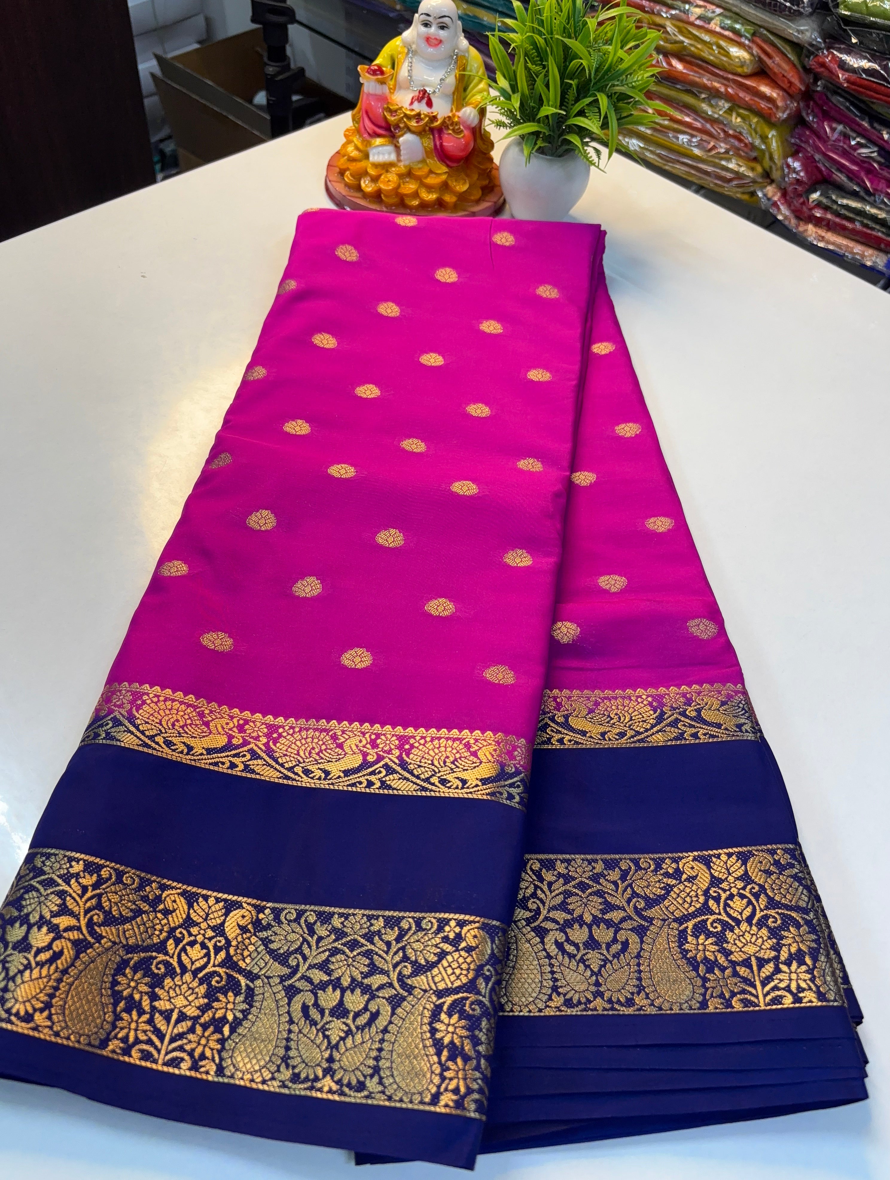 Premium Mysore Crepe Silk Saree with Buttas & Peacock Bentex Border