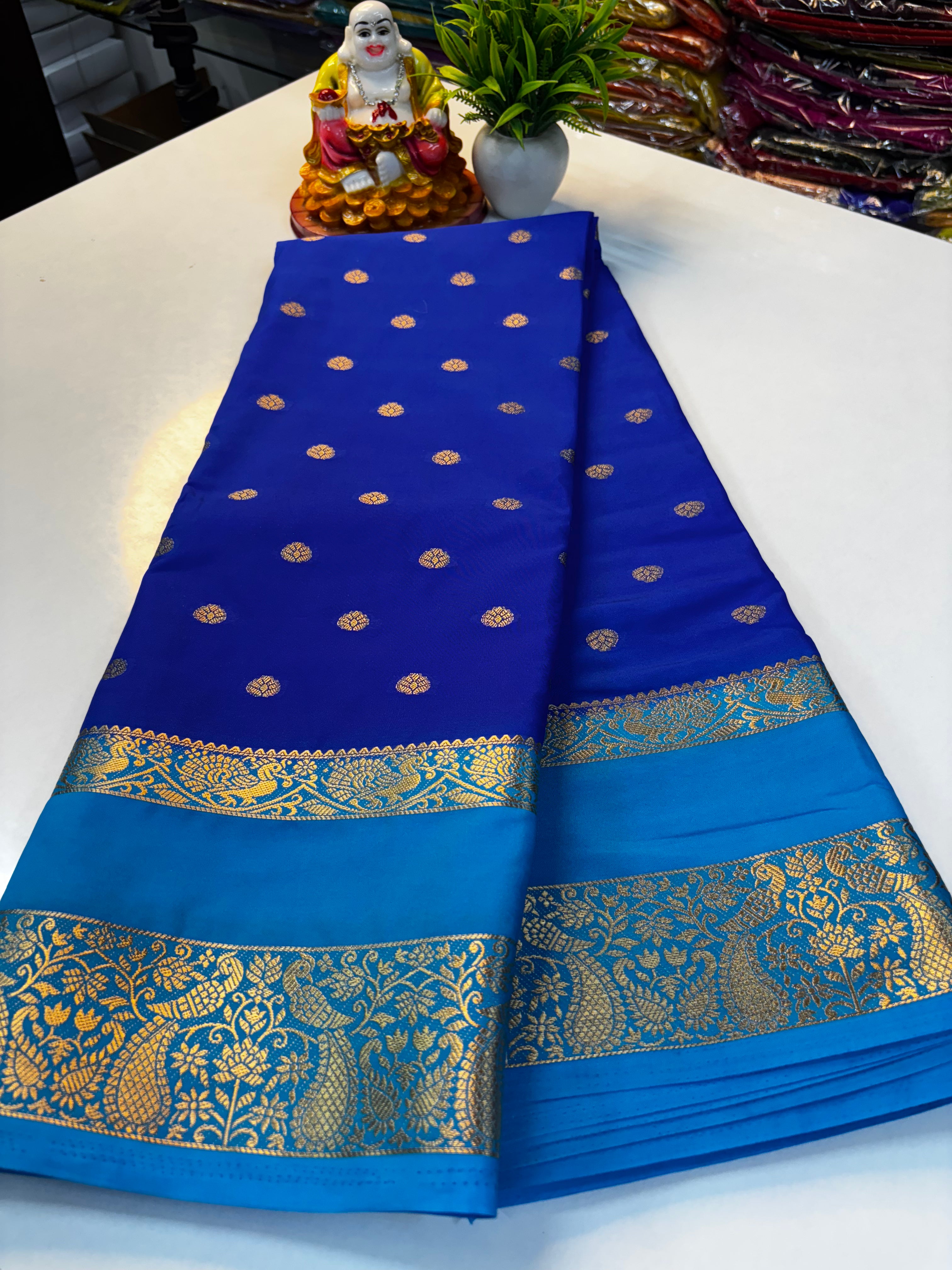 Premium Mysore Crepe Silk Saree with Buttas & Peacock Bentex Border