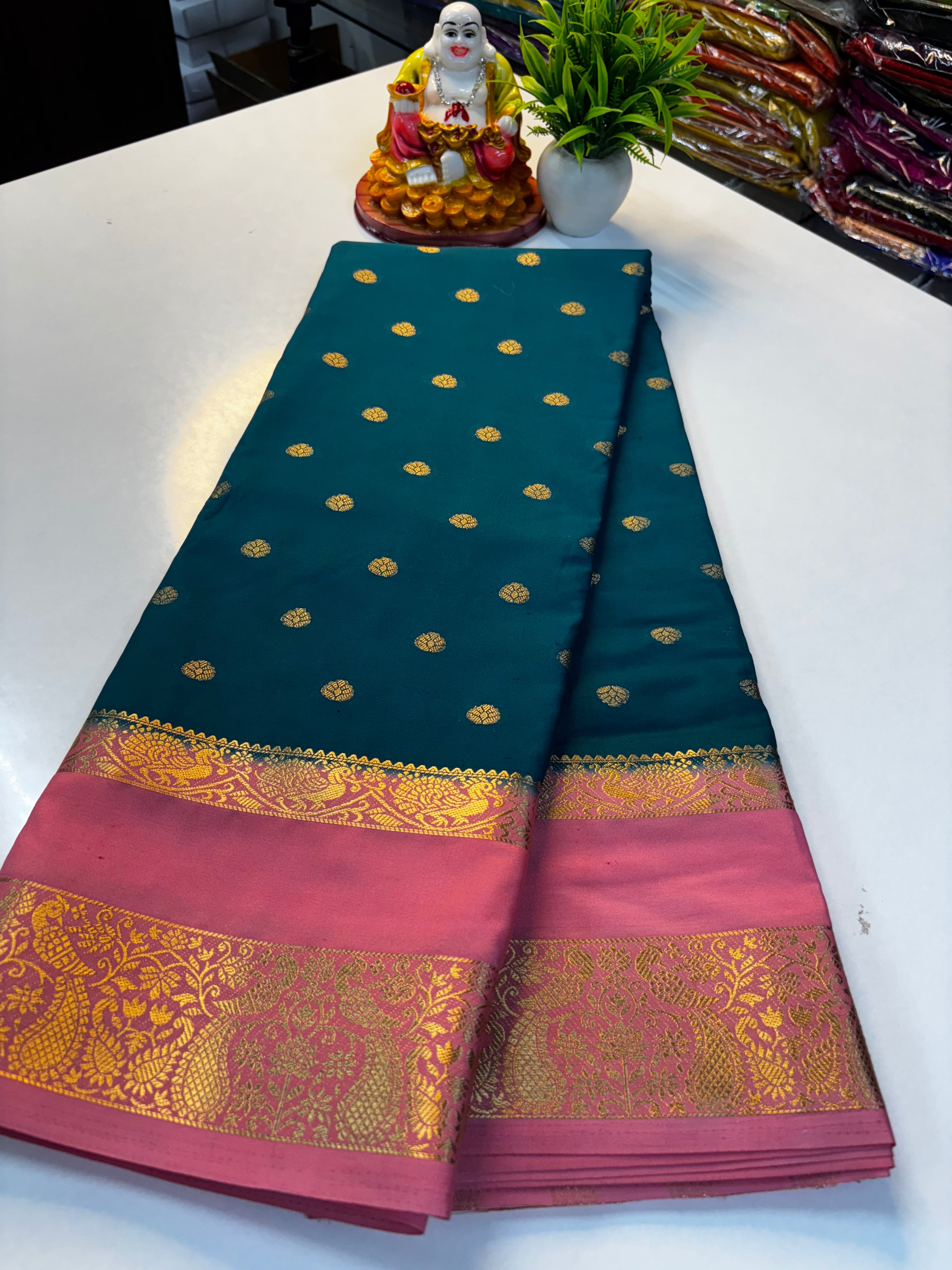 Premium Mysore Crepe Silk Saree with Buttas & Peacock Bentex Border