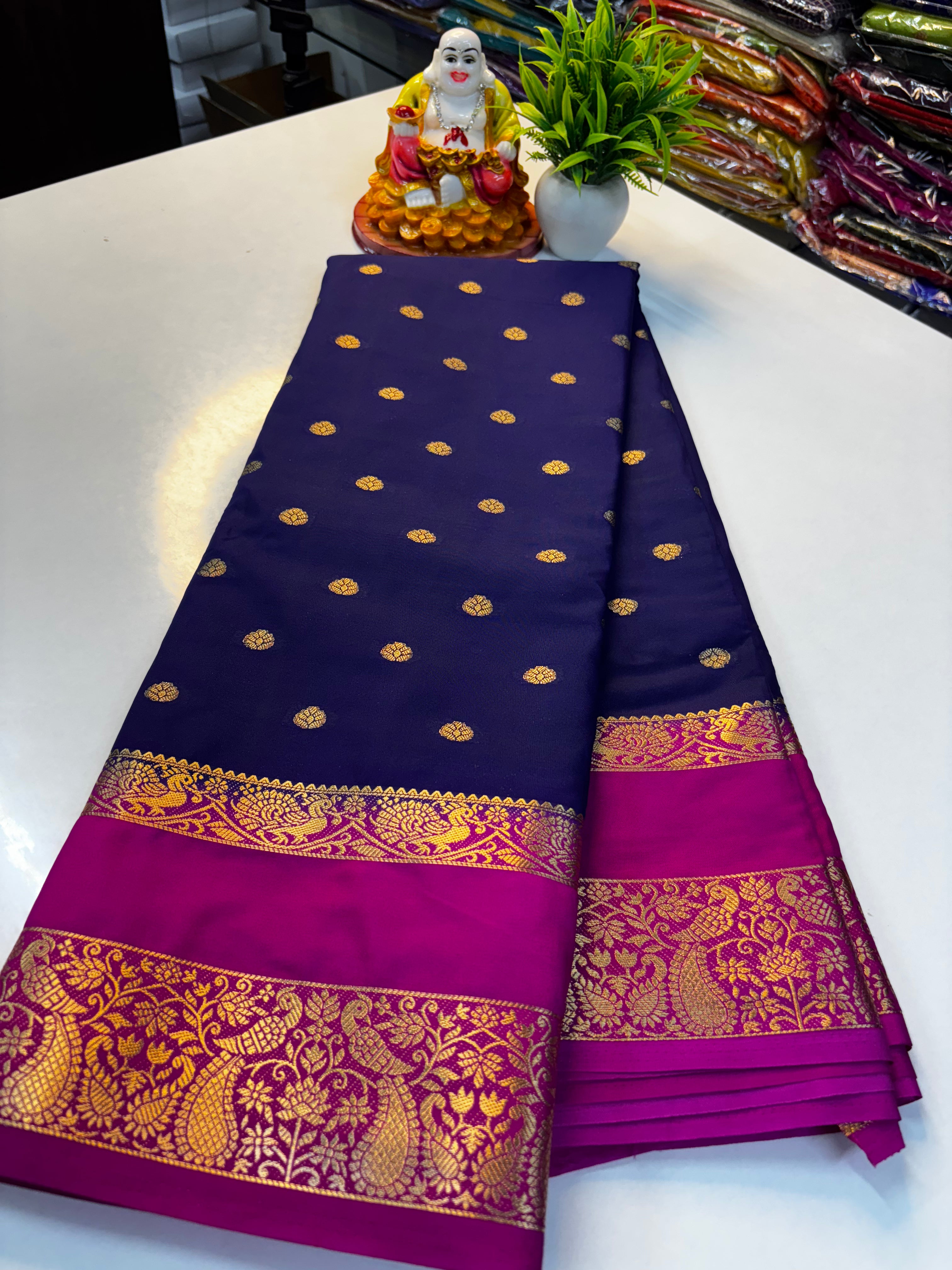 Premium Mysore Crepe Silk Saree with Buttas & Peacock Bentex Border