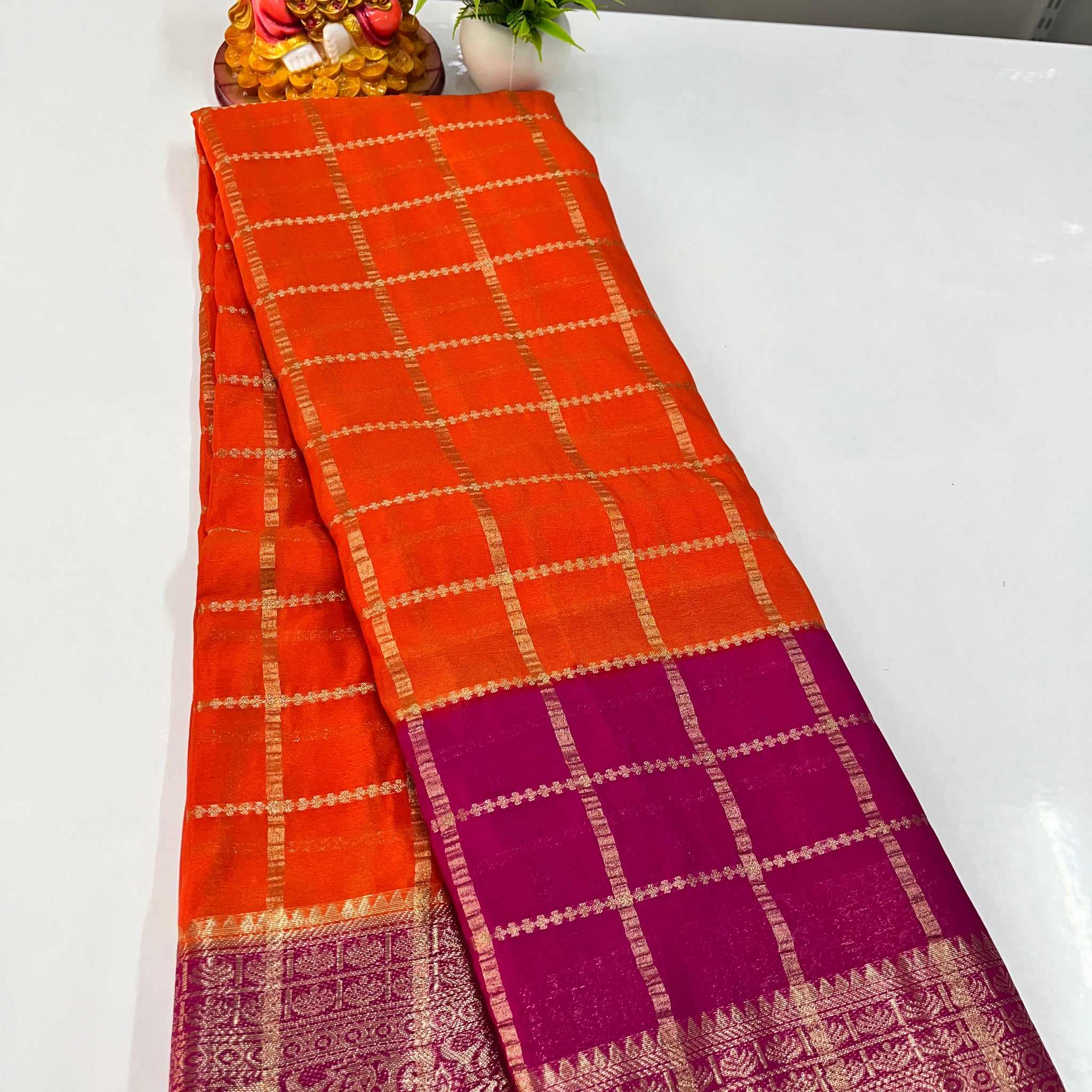 Elegant Chiffon Saree with Checks | Made from Padmavathi Silks and Sarees