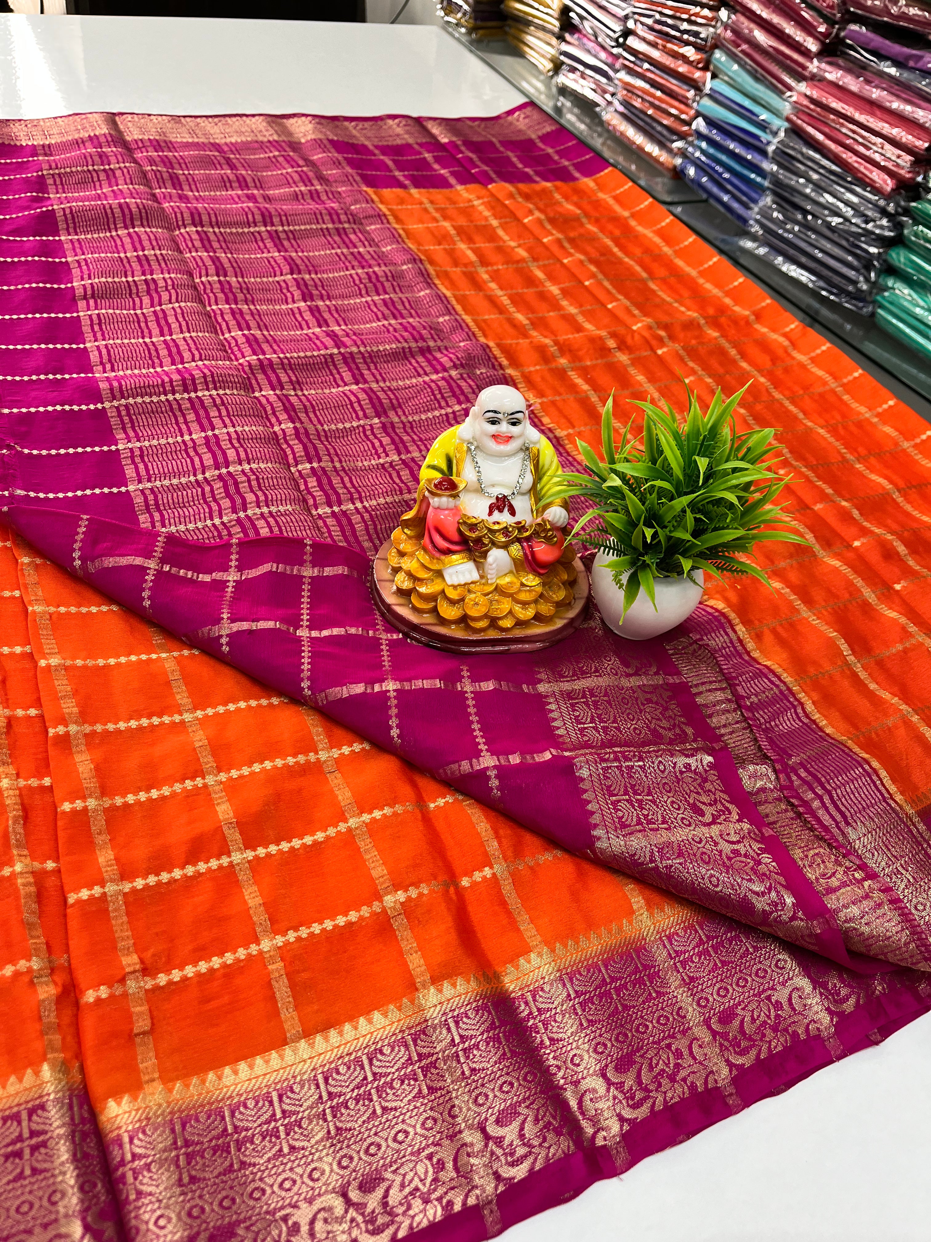 Elegant Chiffon Saree with Checks | Made from Padmavathi Silks and Sarees