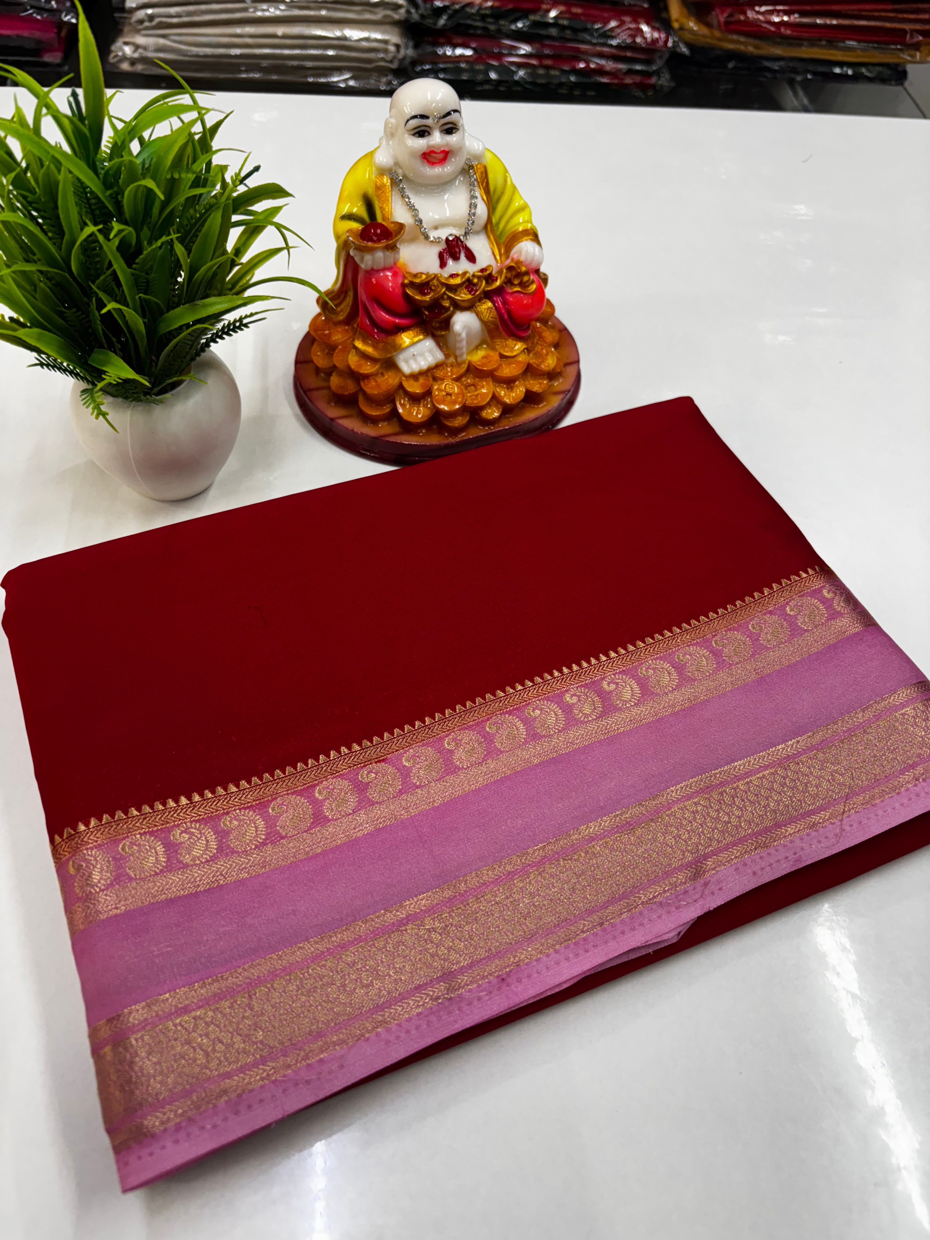 Beautiful Mysore Crepe Silk Saree with Mango Bentex Border – By Padmavathi Silks and Sarees