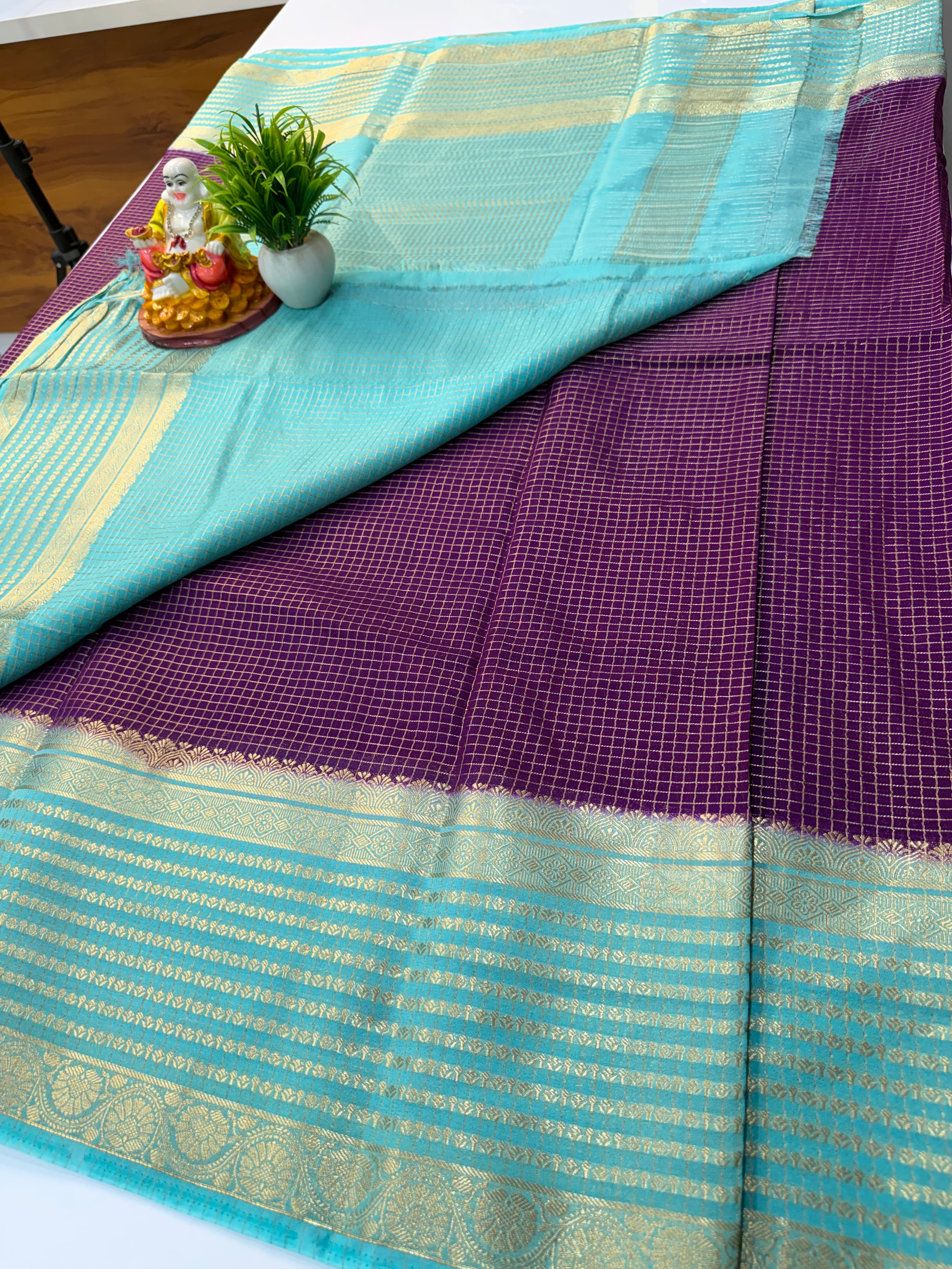 Premium Mysore Crepe Silk Saree with Elegant Checks Pattern