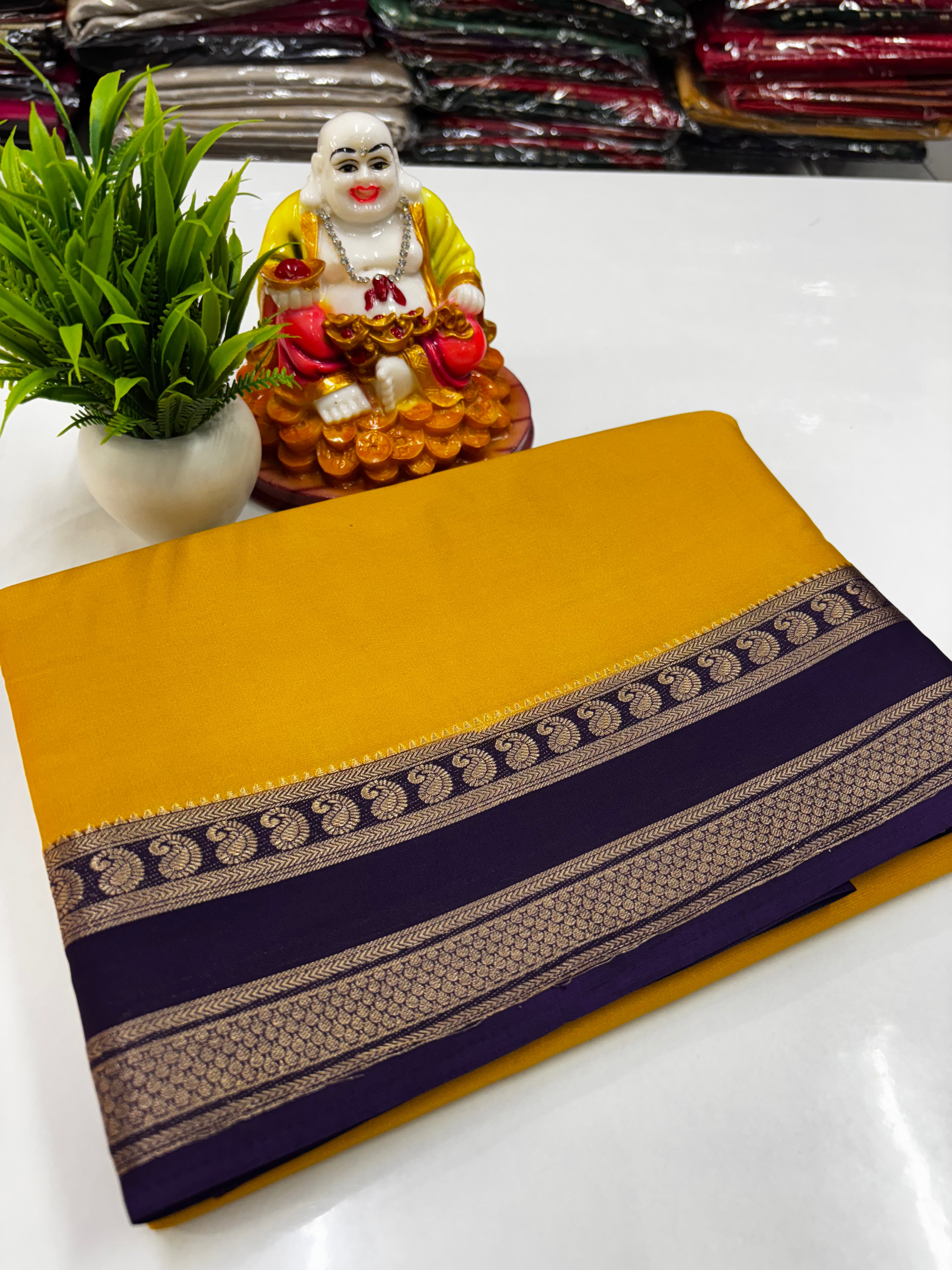 Beautiful Mysore Crepe Silk Saree with Mango Bentex Border – By Padmavathi Silks and Sarees