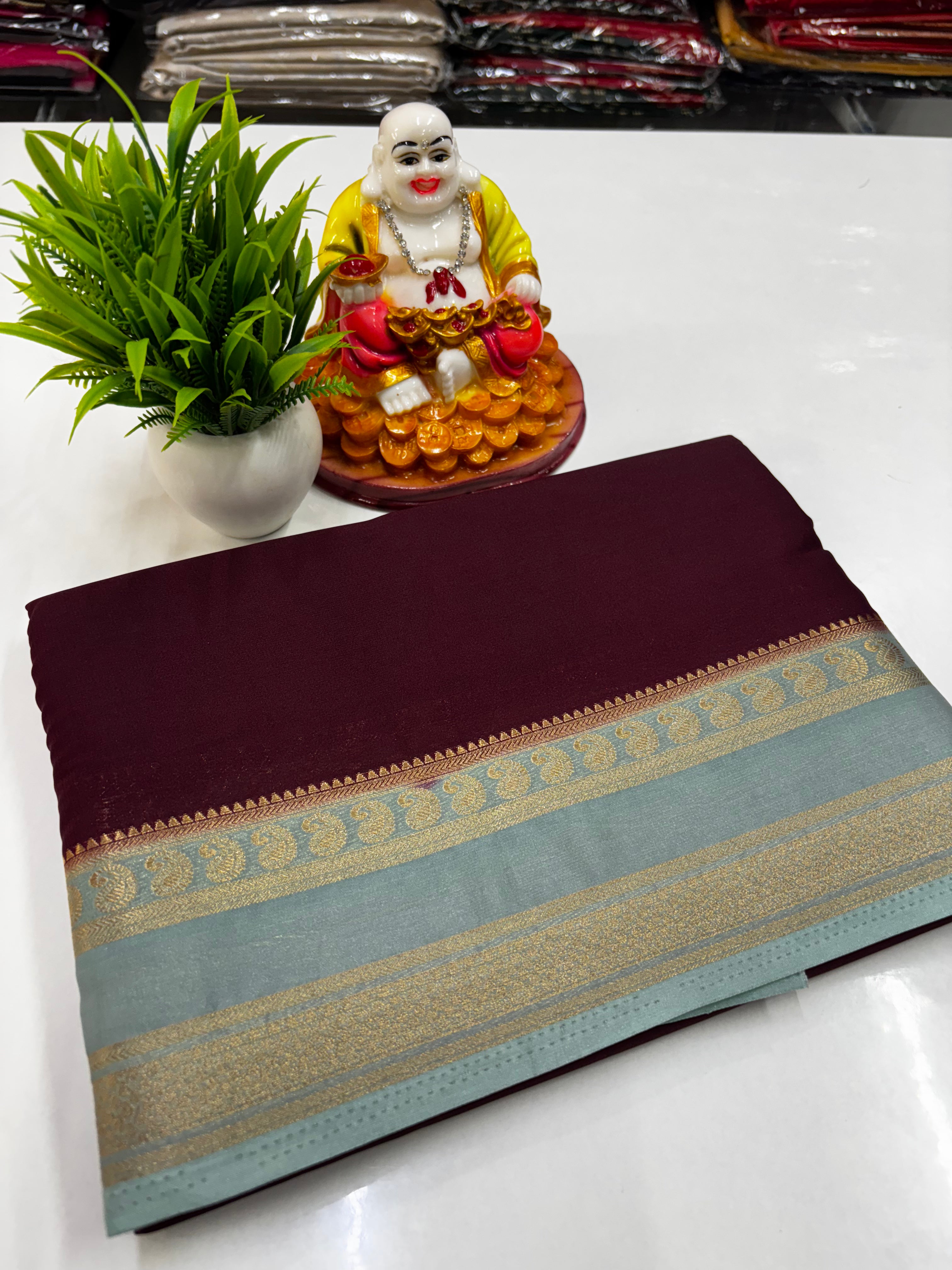 Beautiful Mysore Crepe Silk Saree with Mango Bentex Border – By Padmavathi Silks and Sarees