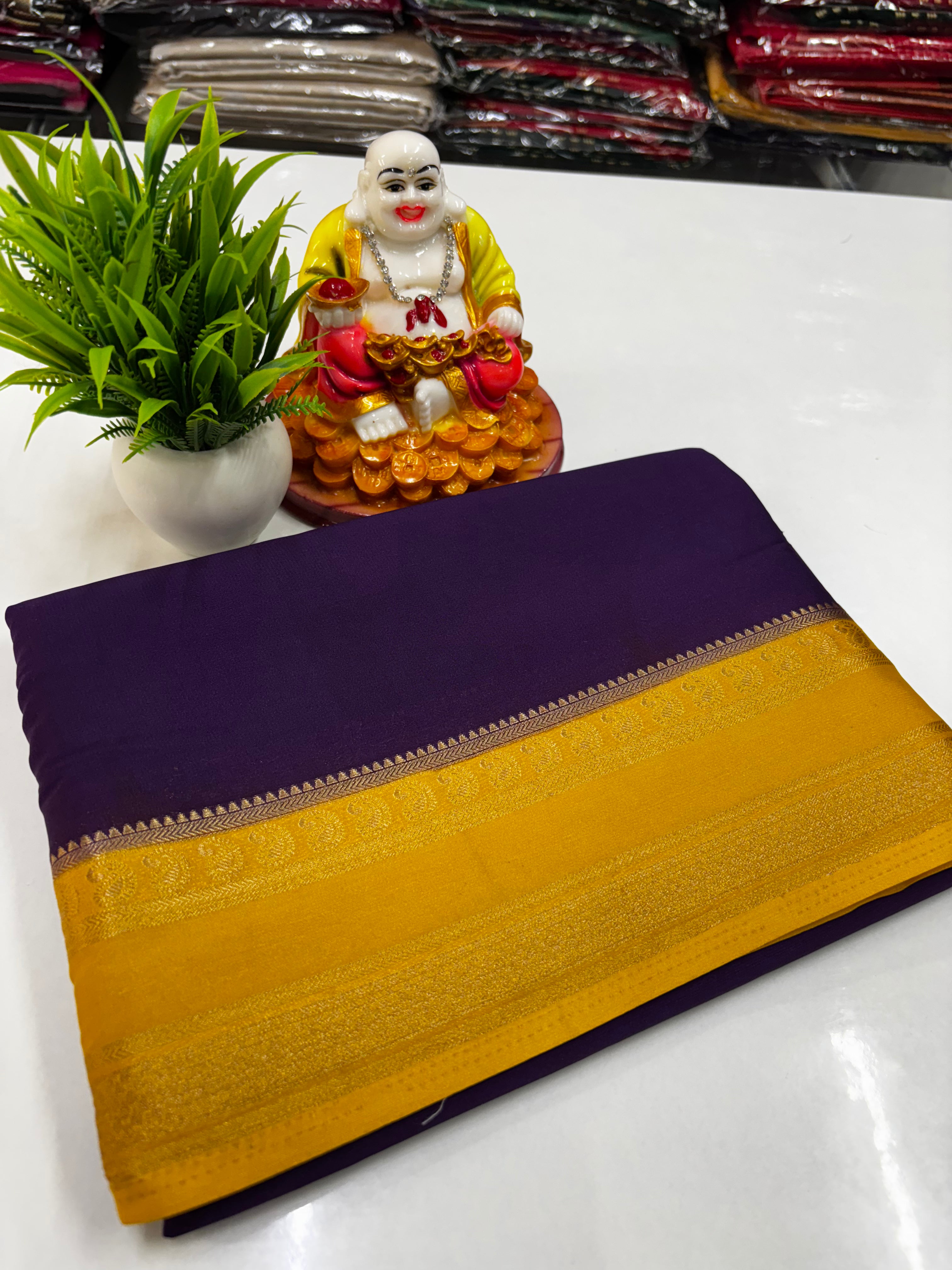 Beautiful Mysore Crepe Silk Saree with Mango Bentex Border – By Padmavathi Silks and Sarees