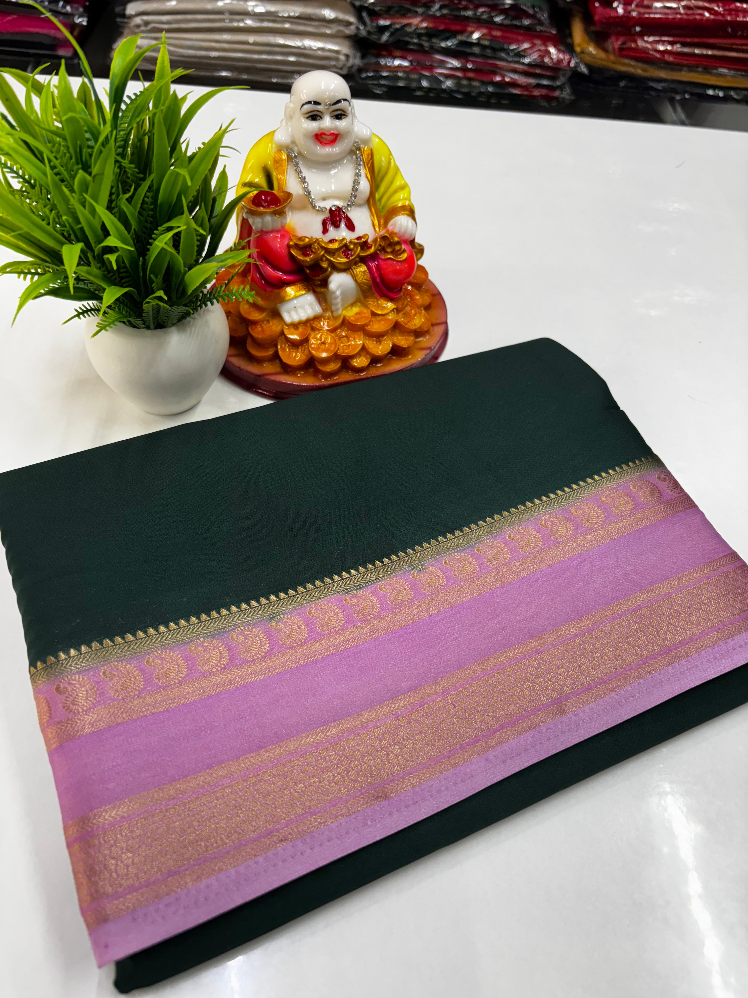 Beautiful Mysore Crepe Silk Saree with Mango Bentex Border – By Padmavathi Silks and Sarees