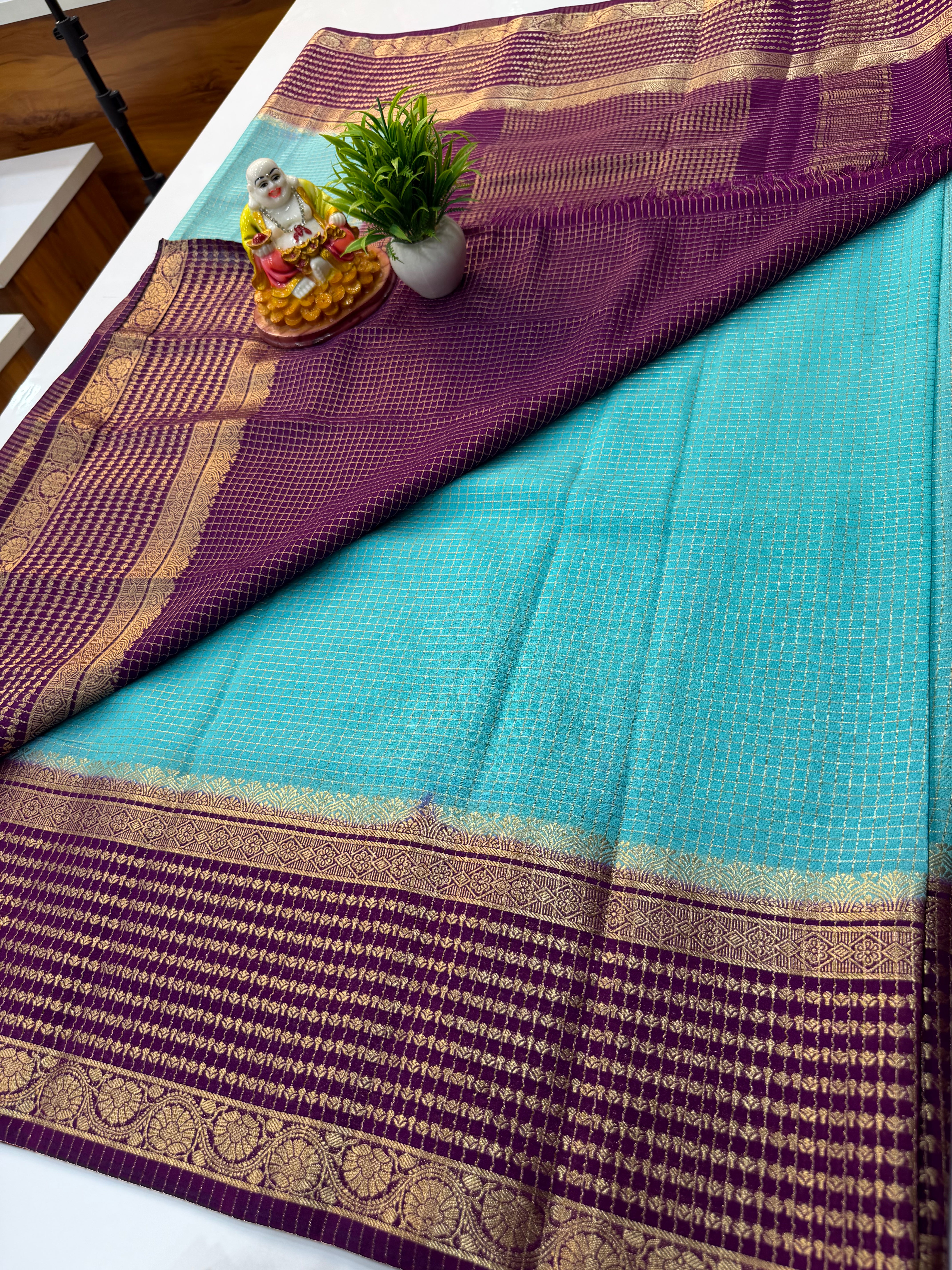 Premium Mysore Crepe Silk Saree with Elegant Checks Pattern