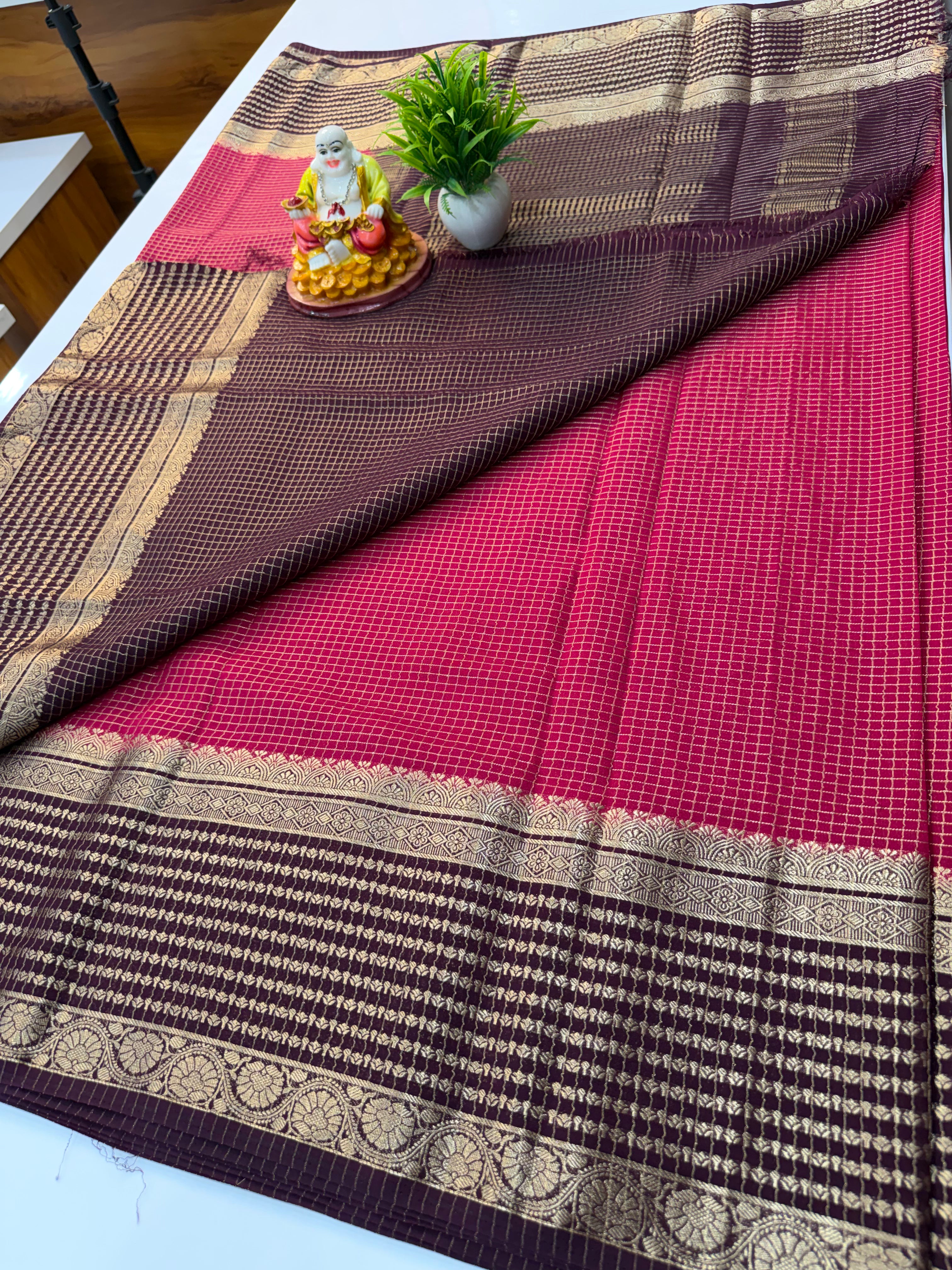 Premium Mysore Crepe Silk Saree with Elegant Checks Pattern
