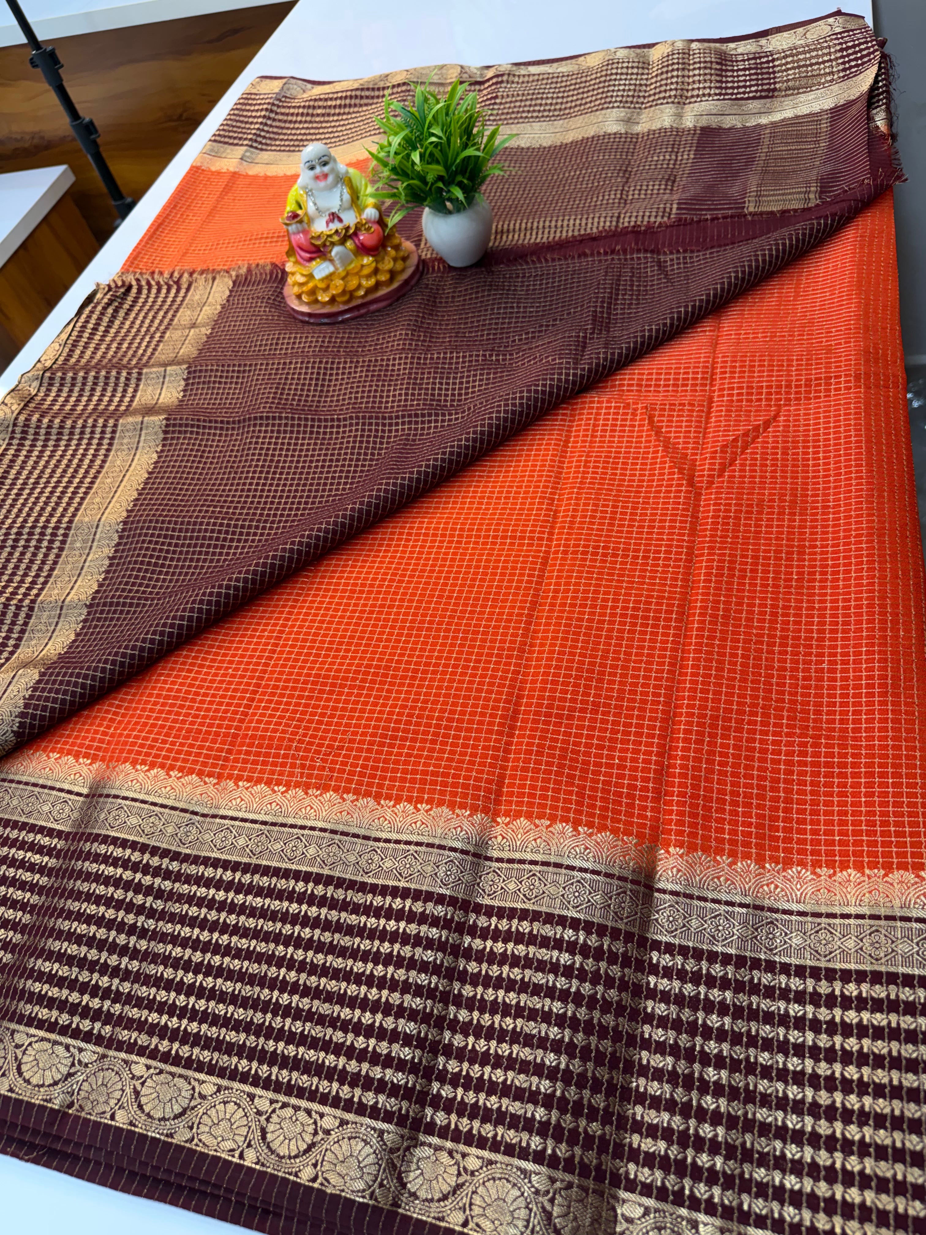 Premium Mysore Crepe Silk Saree with Elegant Checks Pattern