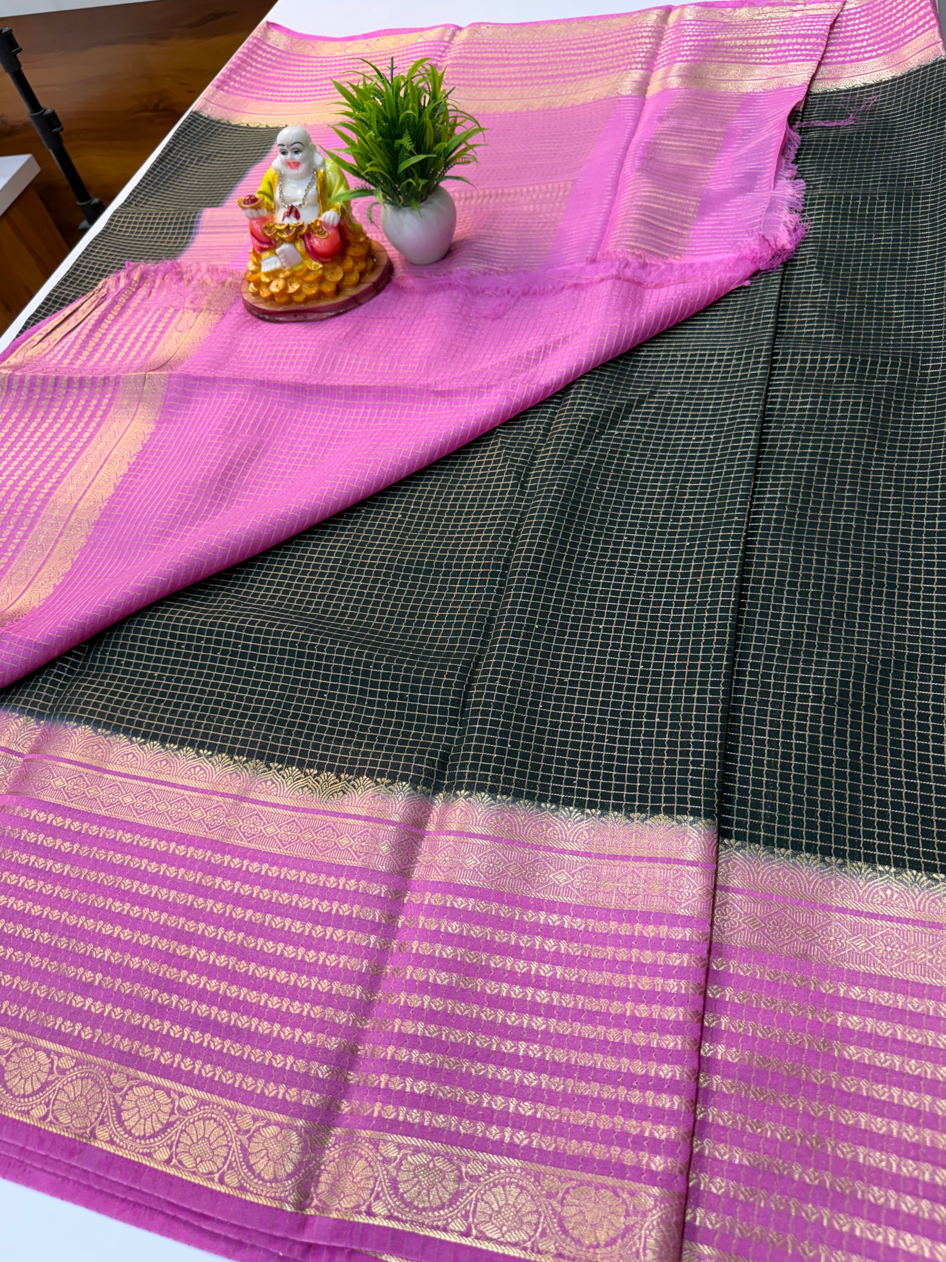 Premium Mysore Crepe Silk Saree with Elegant Checks Pattern