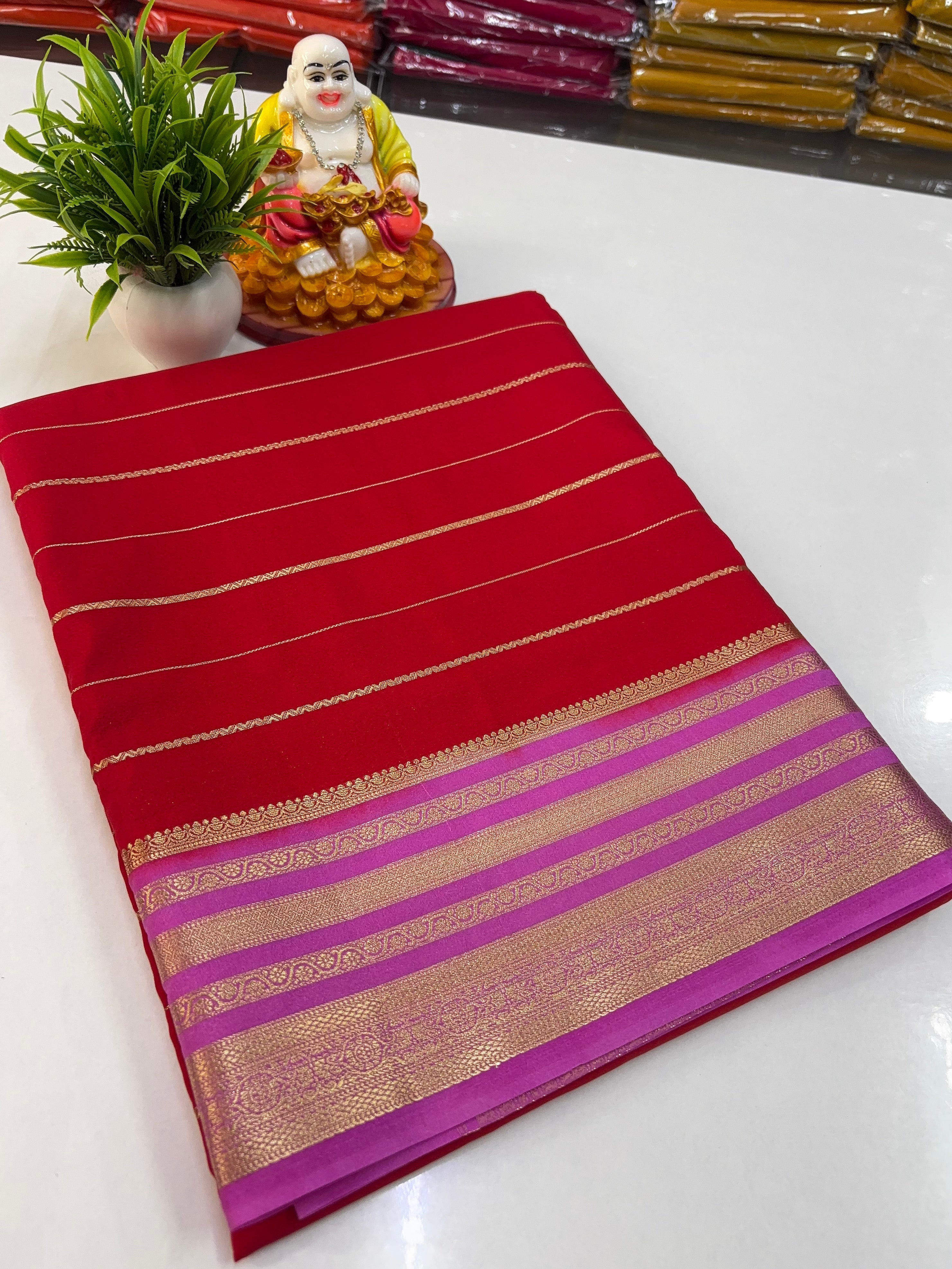 Elegant Mysore Crepe Silk Saree with Golden Zari Stripes ✨