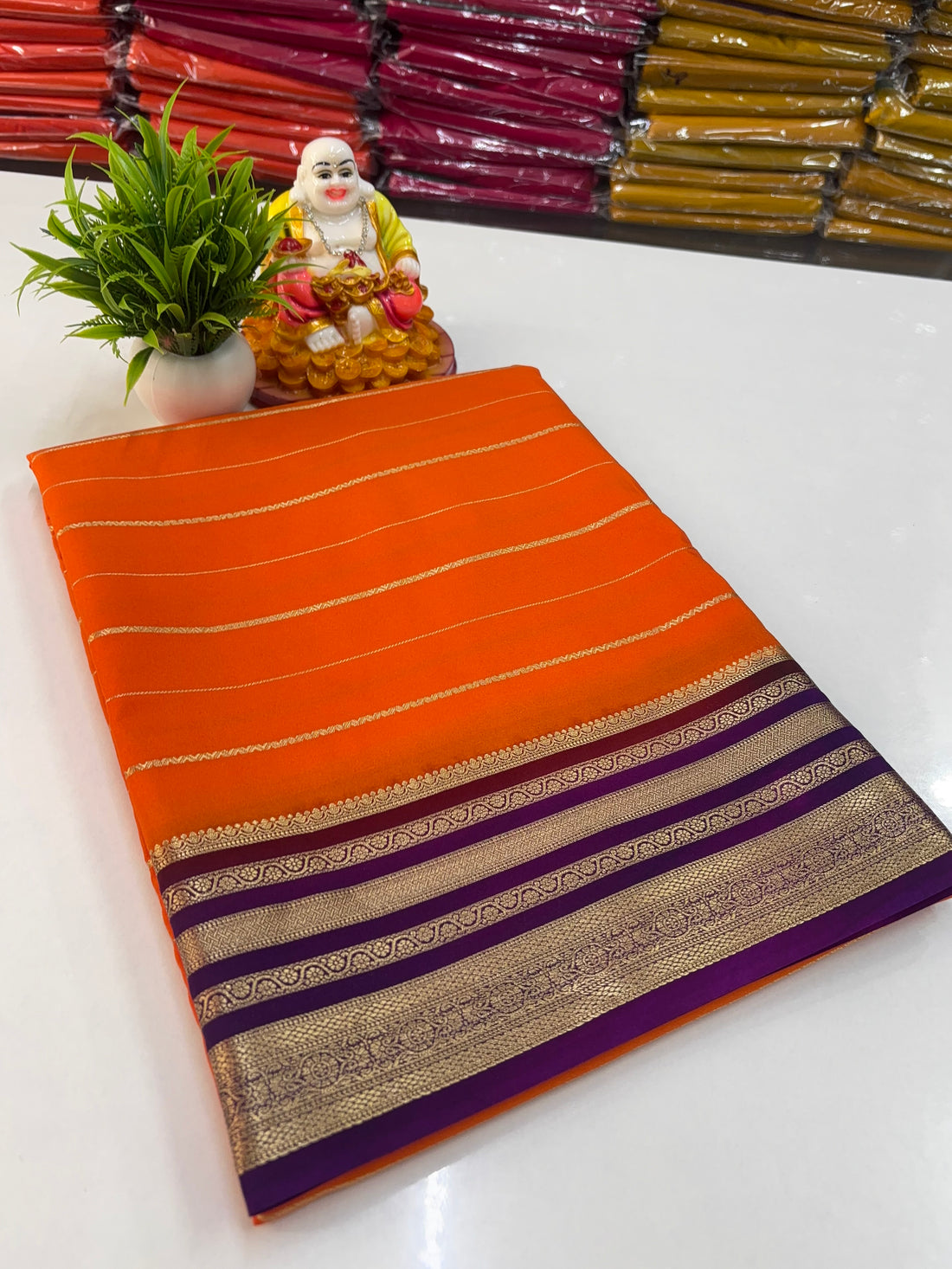 Elegant Mysore Crepe Silk Saree with Golden Zari Stripes ✨
