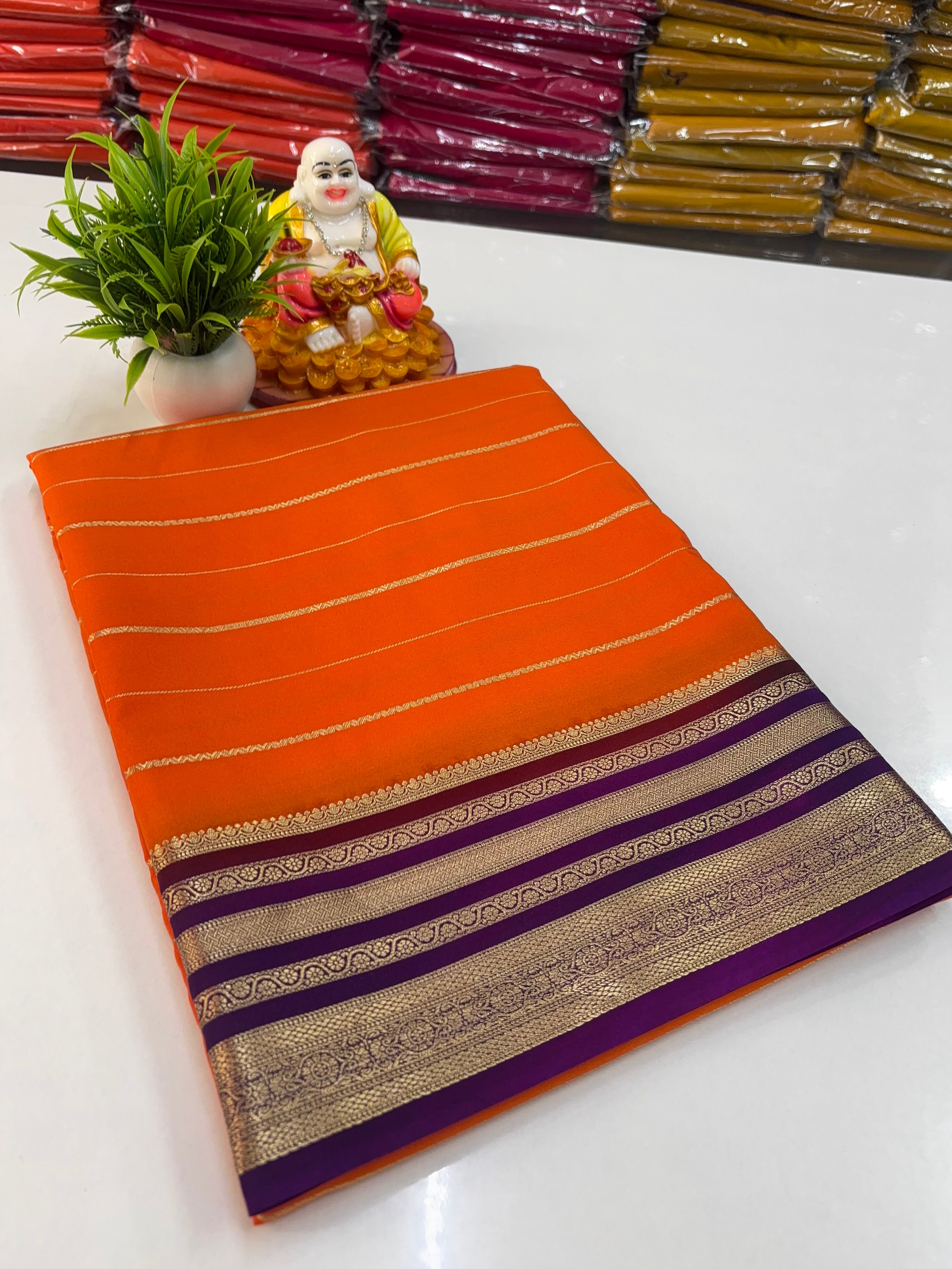 Elegant Mysore Crepe Silk Saree with Golden Zari Stripes ✨