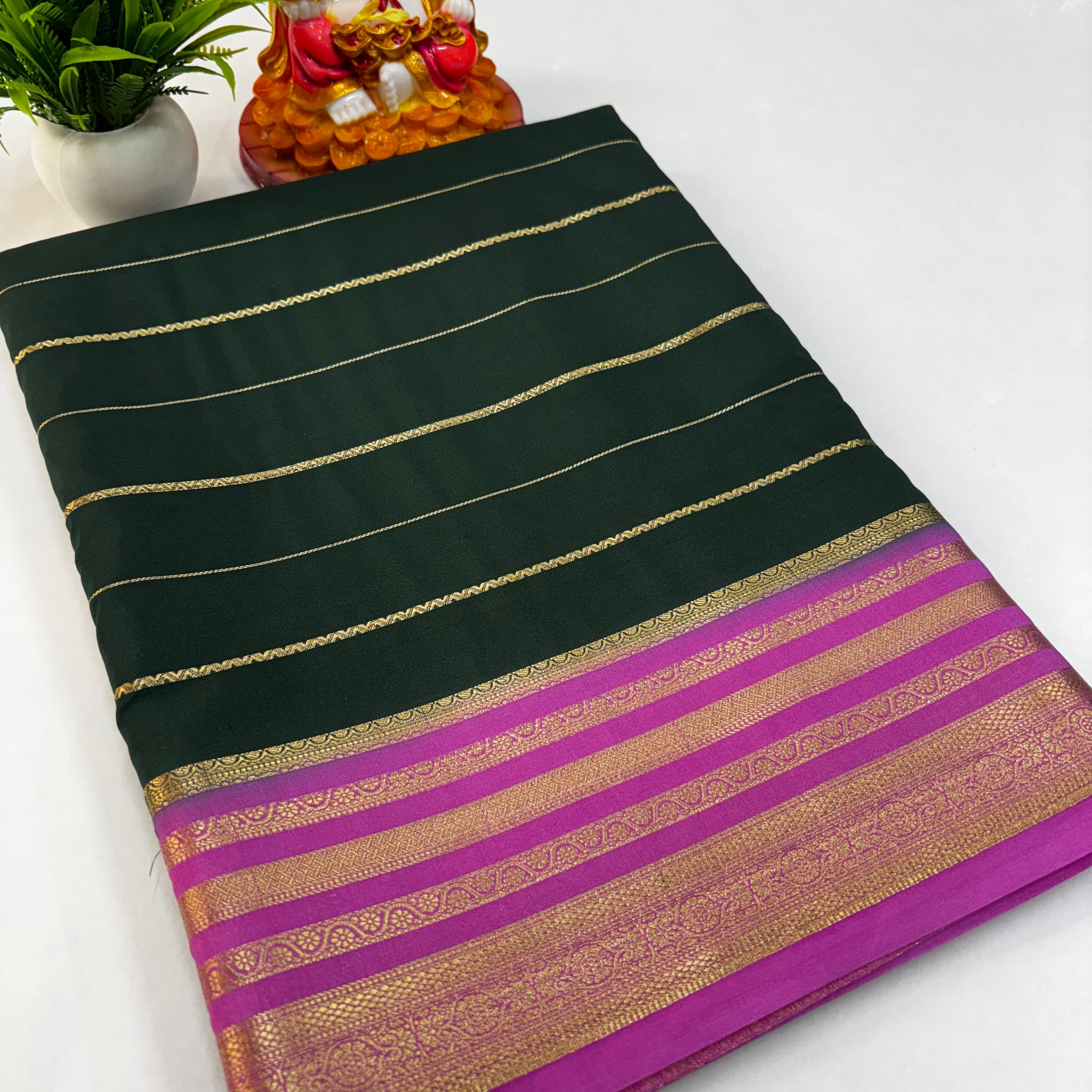 Elegant Mysore Crepe Silk Saree with Golden Zari Stripes ✨
