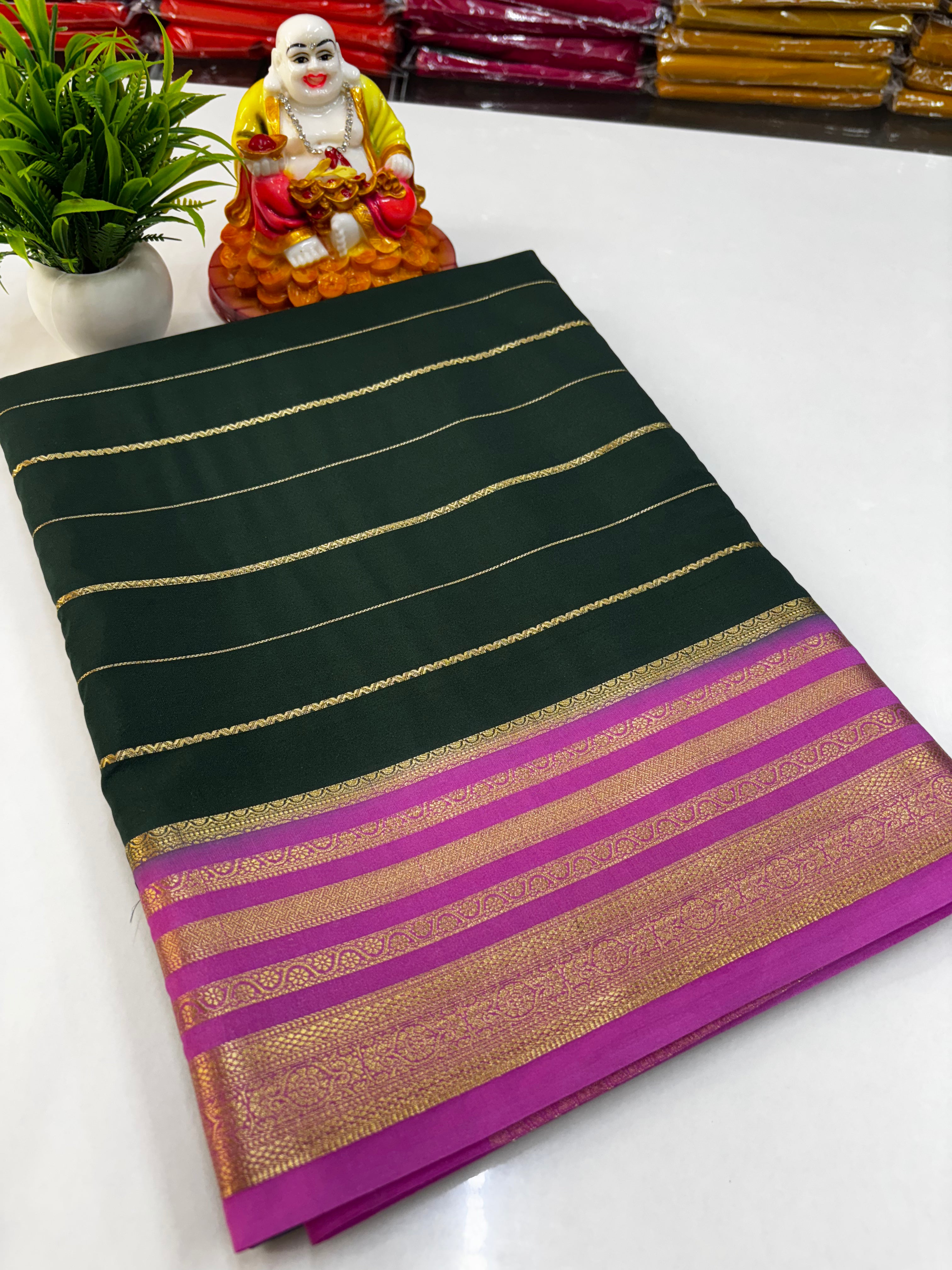 Elegant Mysore Crepe Silk Saree with Golden Zari Stripes ✨