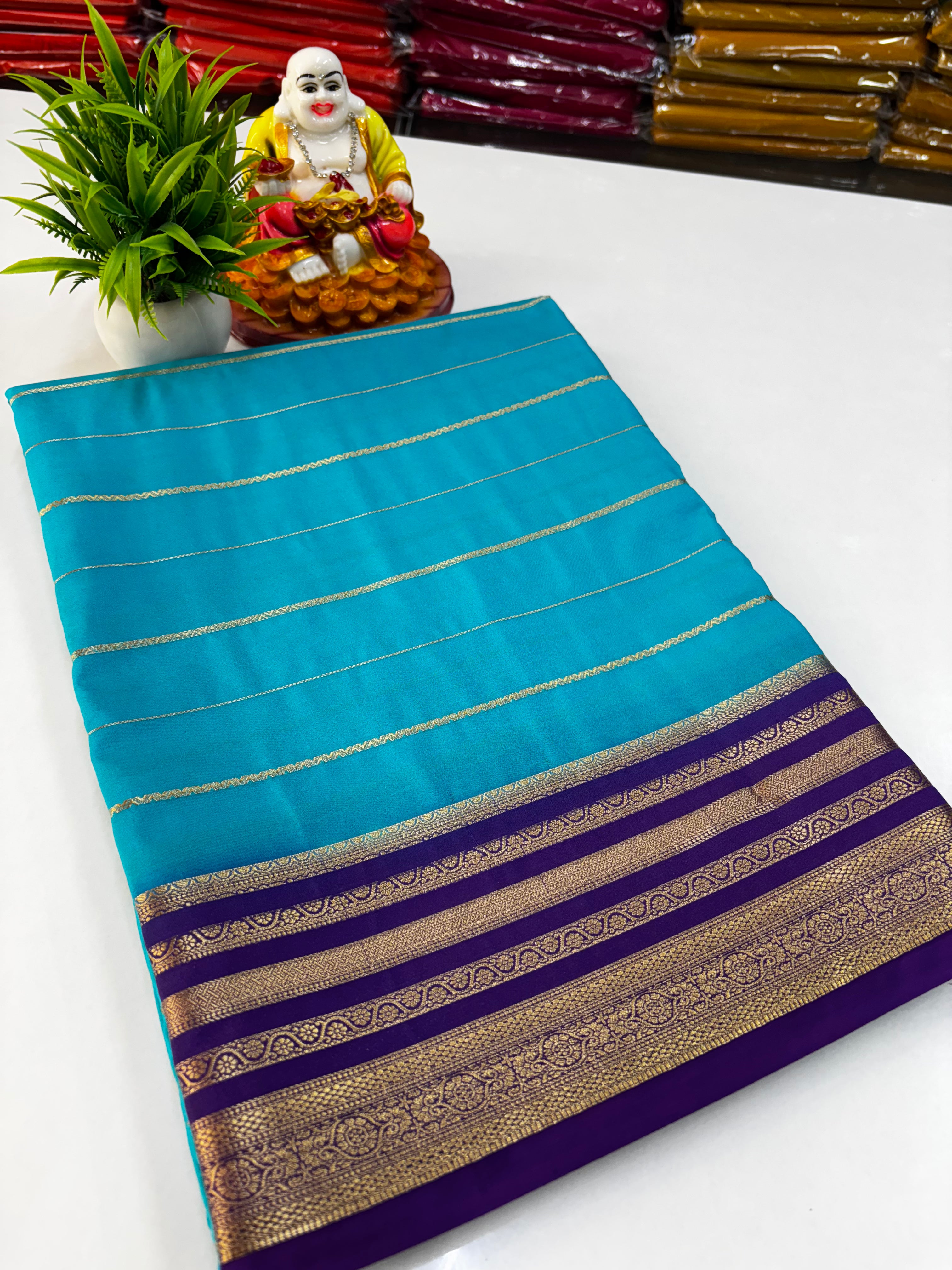 Elegant Mysore Crepe Silk Saree with Golden Zari Stripes ✨