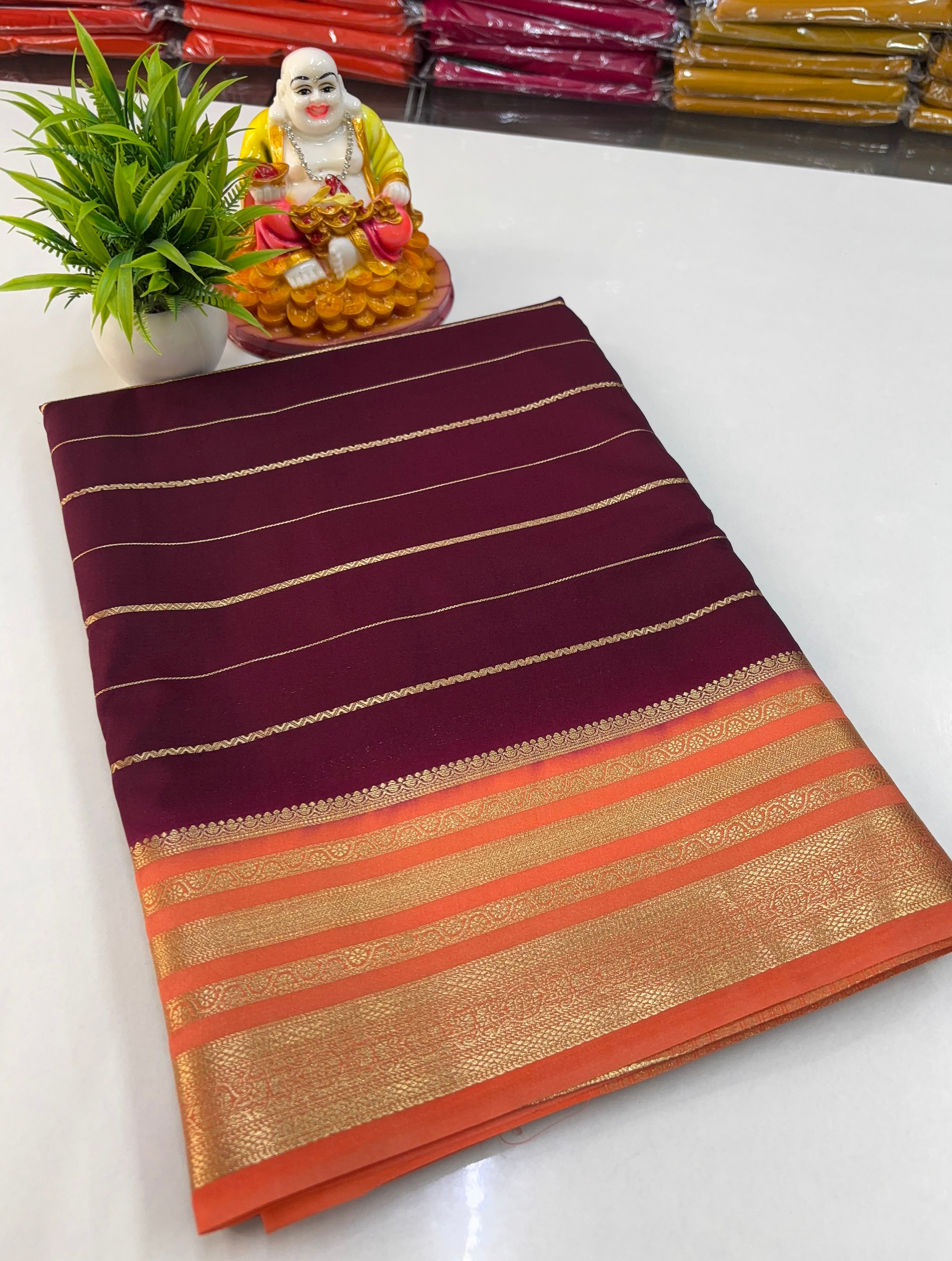 Elegant Mysore Crepe Silk Saree with Golden Zari Stripes ✨