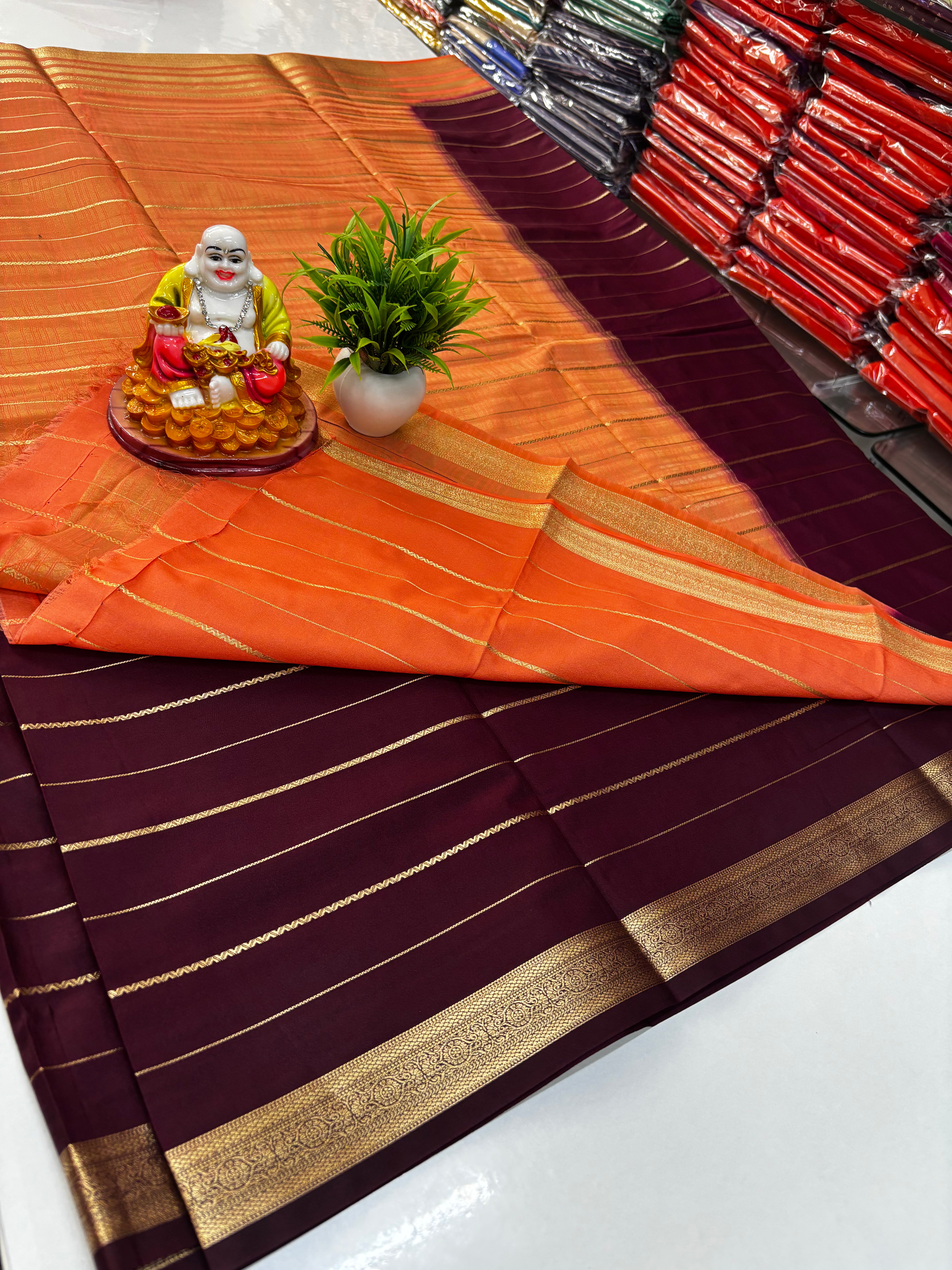 Elegant Mysore Crepe Silk Saree with Golden Zari Stripes ✨