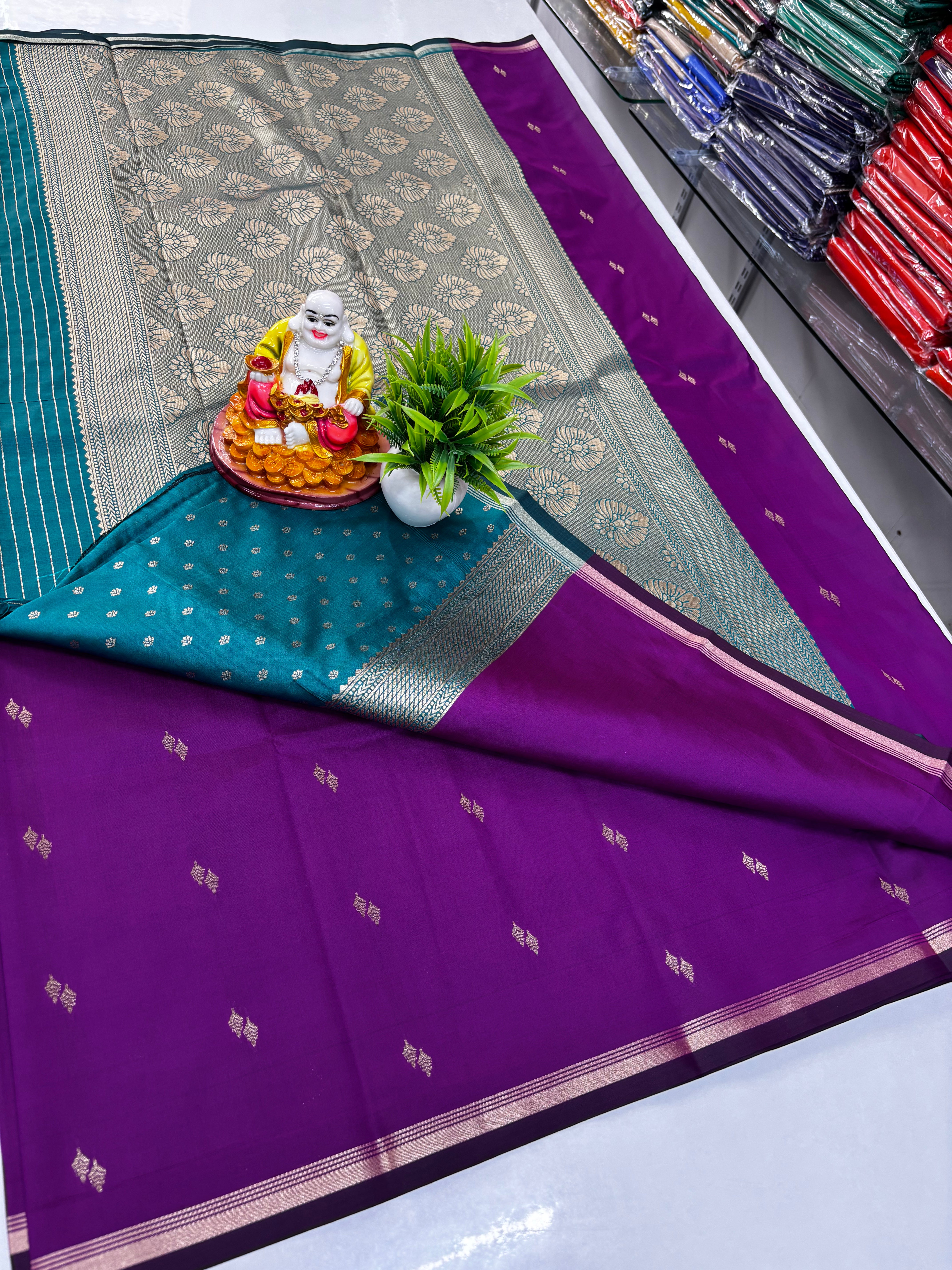 Elegant Semi Silk Saree with Leaf Buttas – Crafted by Padmavathi Silks and Sarees