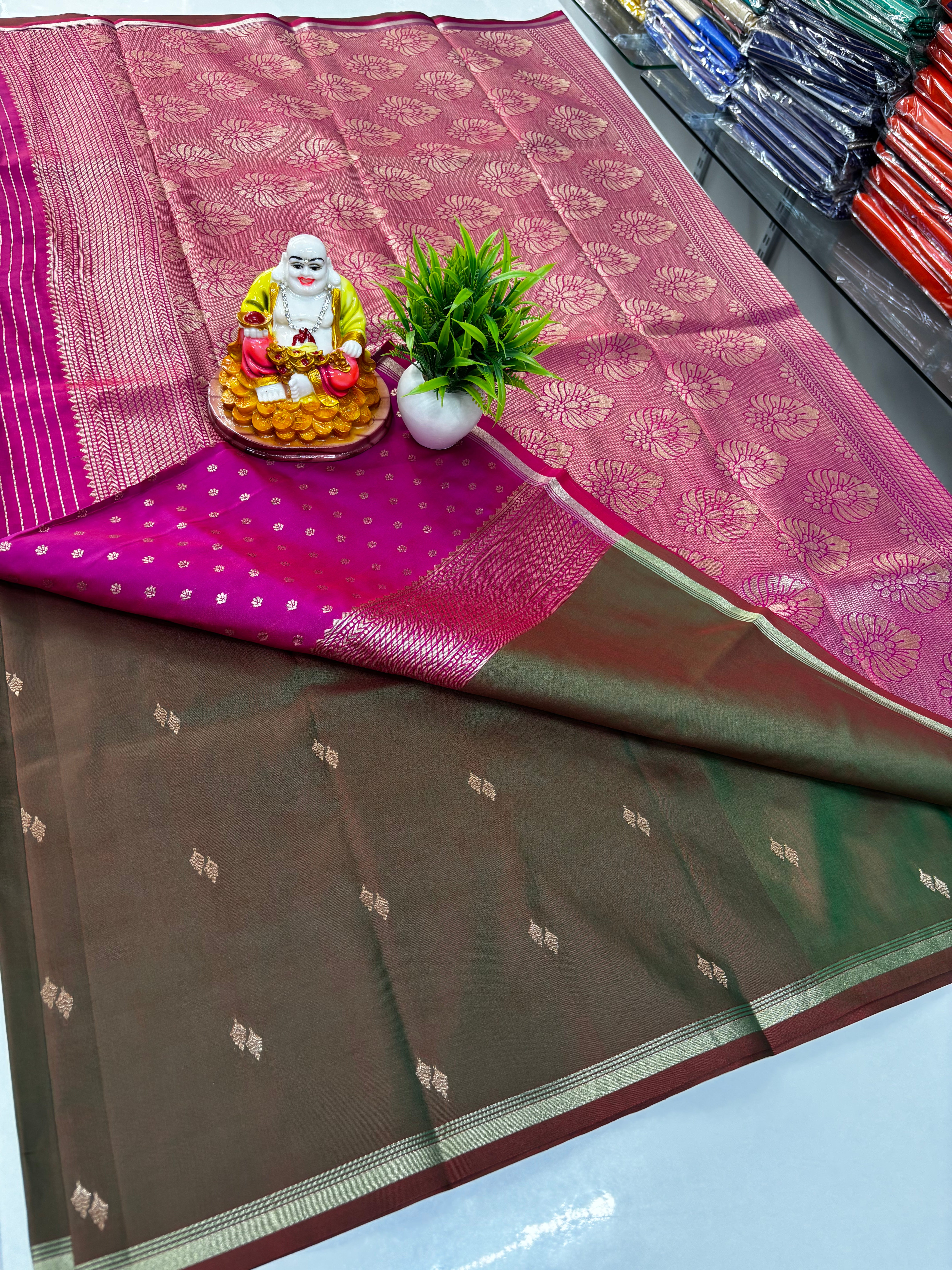 Elegant Semi Silk Saree with Leaf Buttas – Crafted by Padmavathi Silks and Sarees