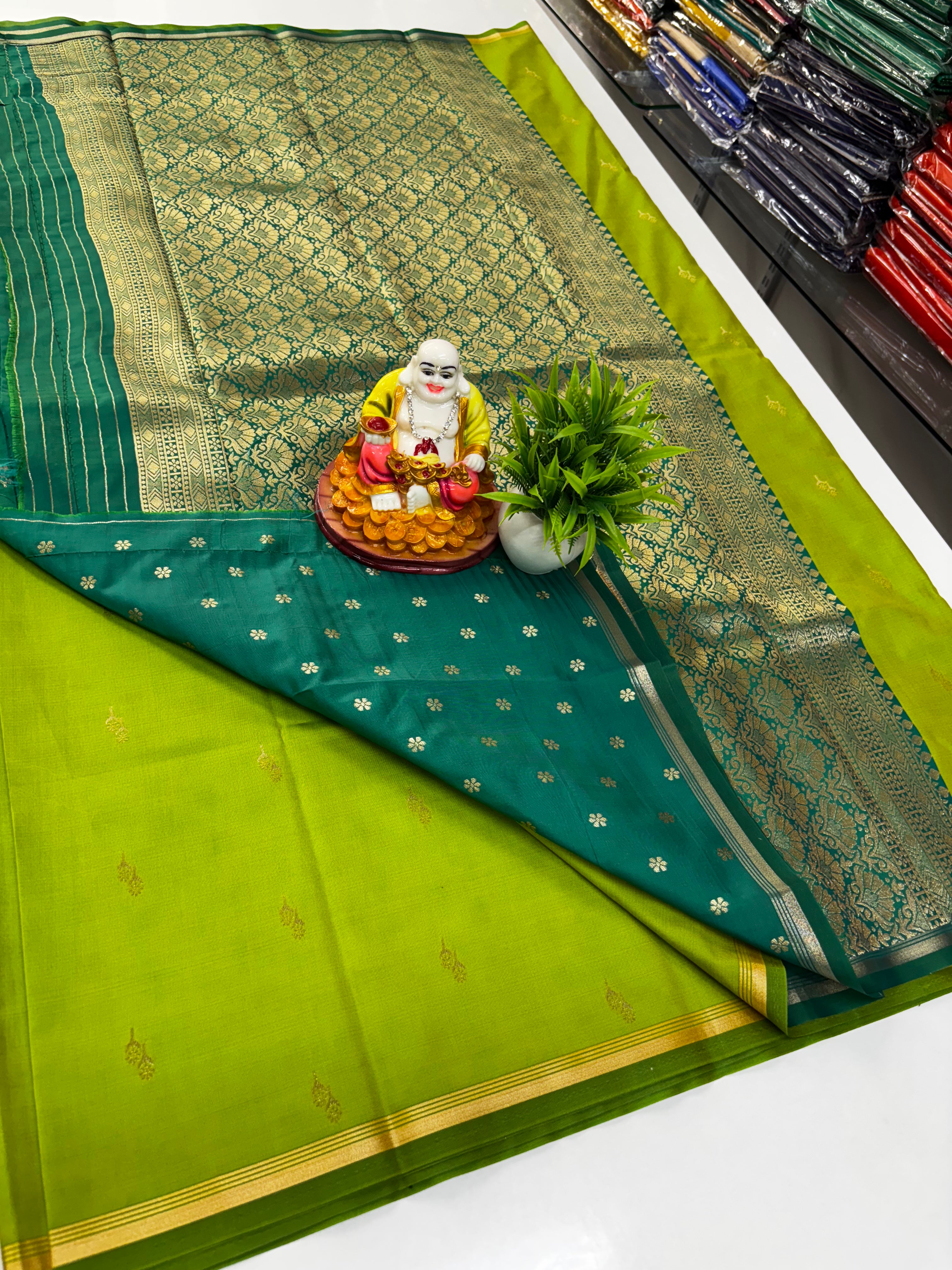 Elegant Semi Silk Saree with Leaf Buttas – Crafted by Padmavathi Silks and Sarees