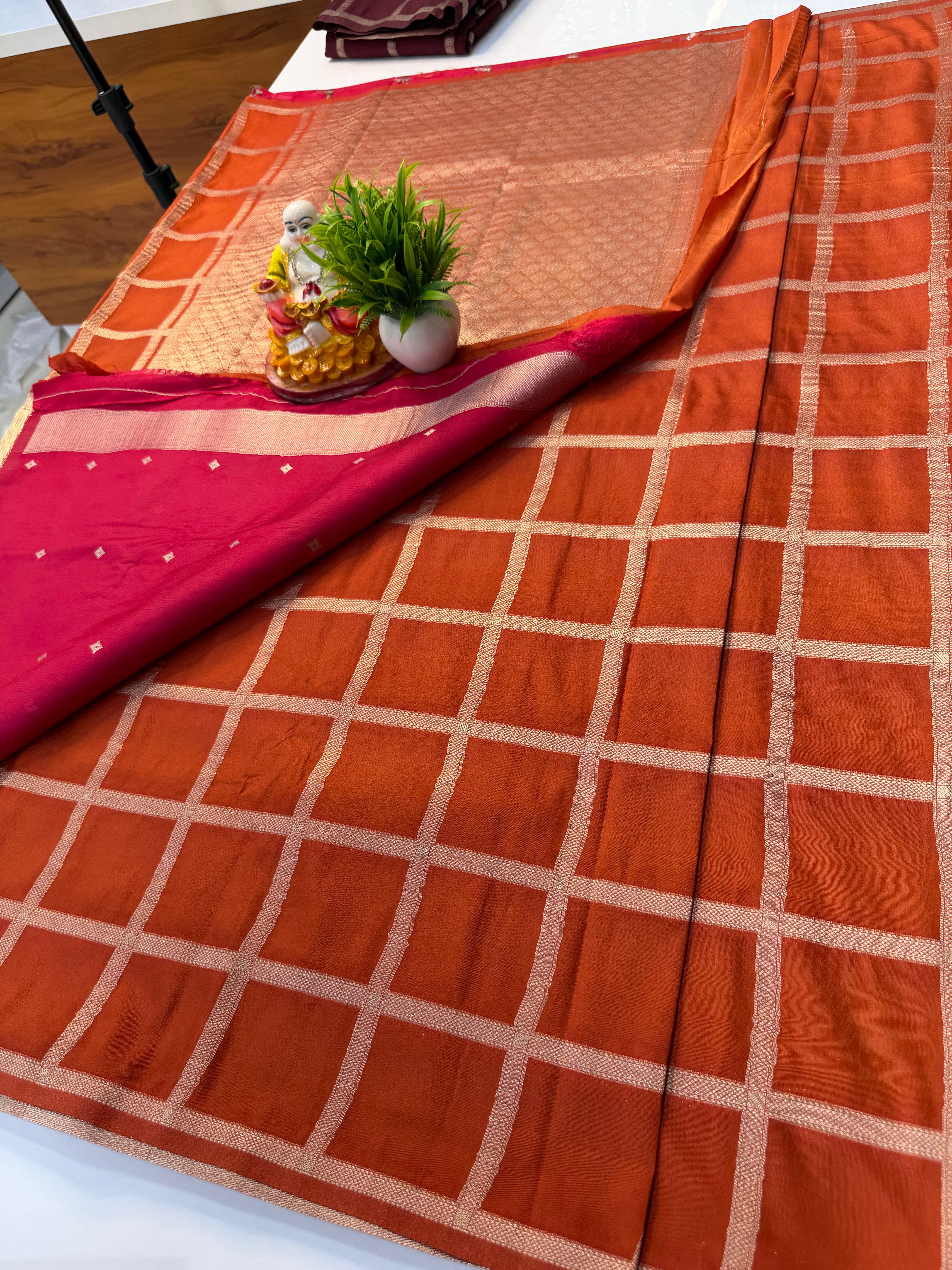 Premium Viscose Mix Semi Silk Saree with Checks Pattern & Contrast Blouse