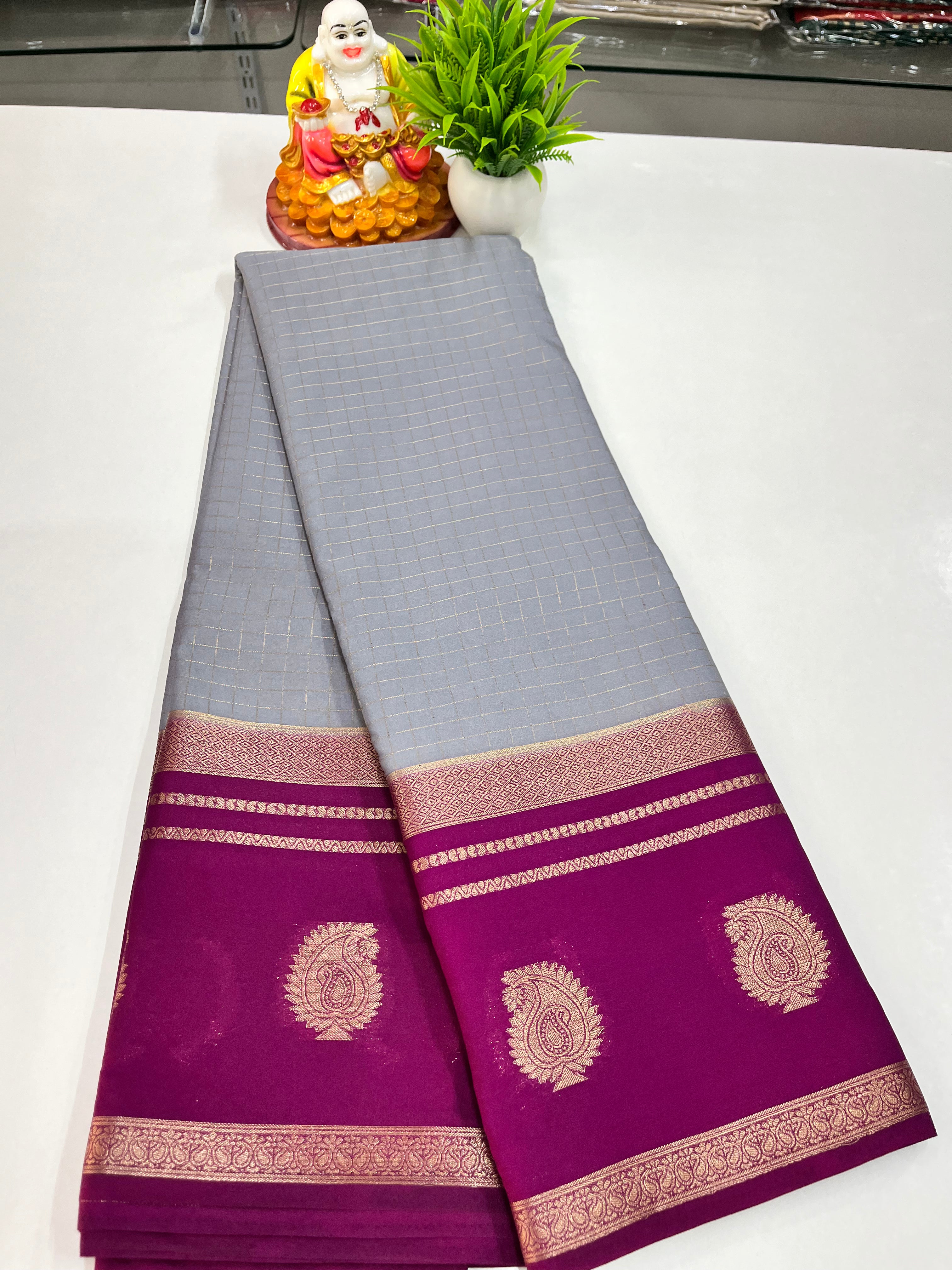 Premium Semi Crepe Saree with Small Checks Pattern ✨