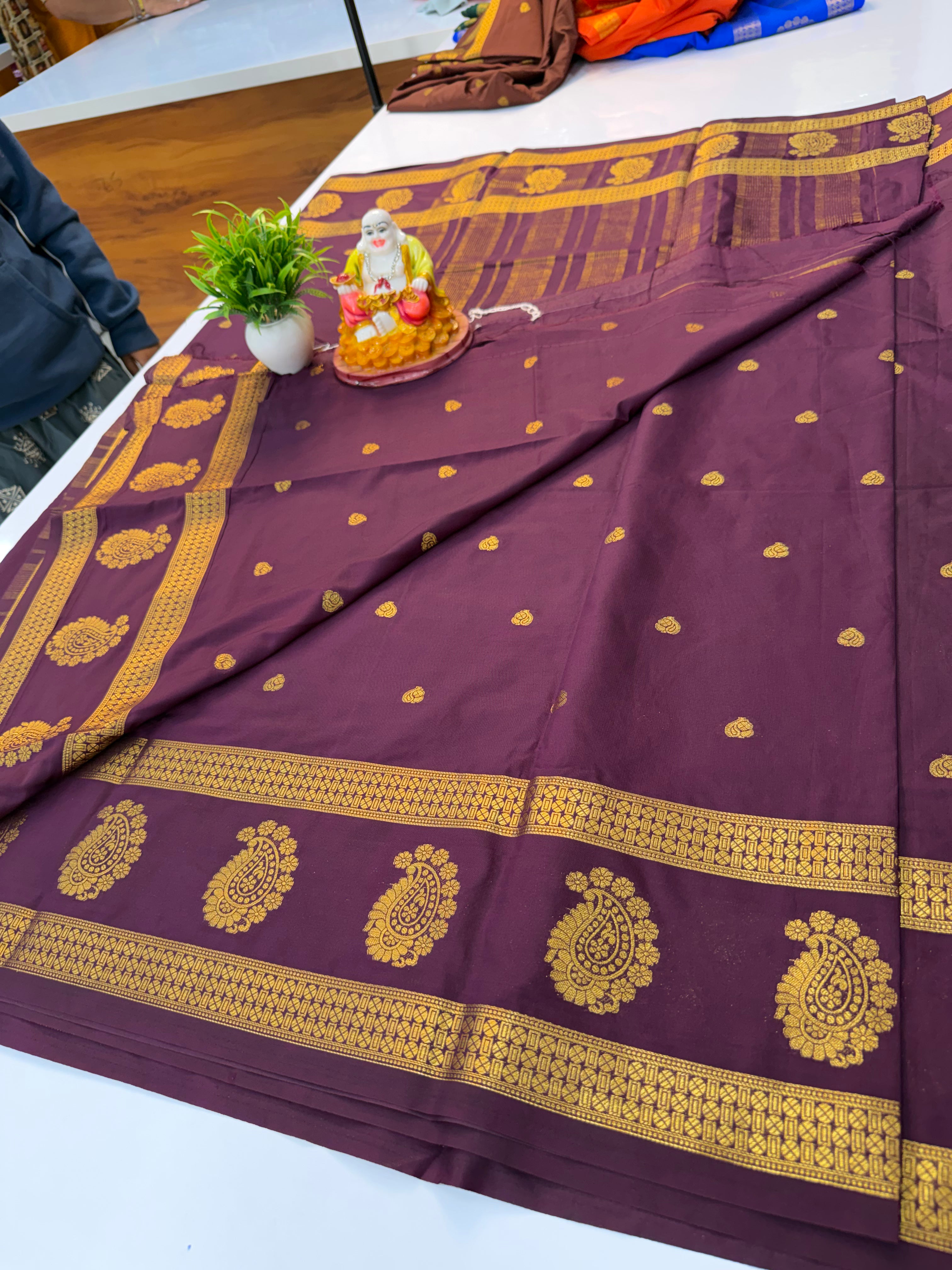 Premium Mysore Crepe Silk Saree with Buttas & Mango Border