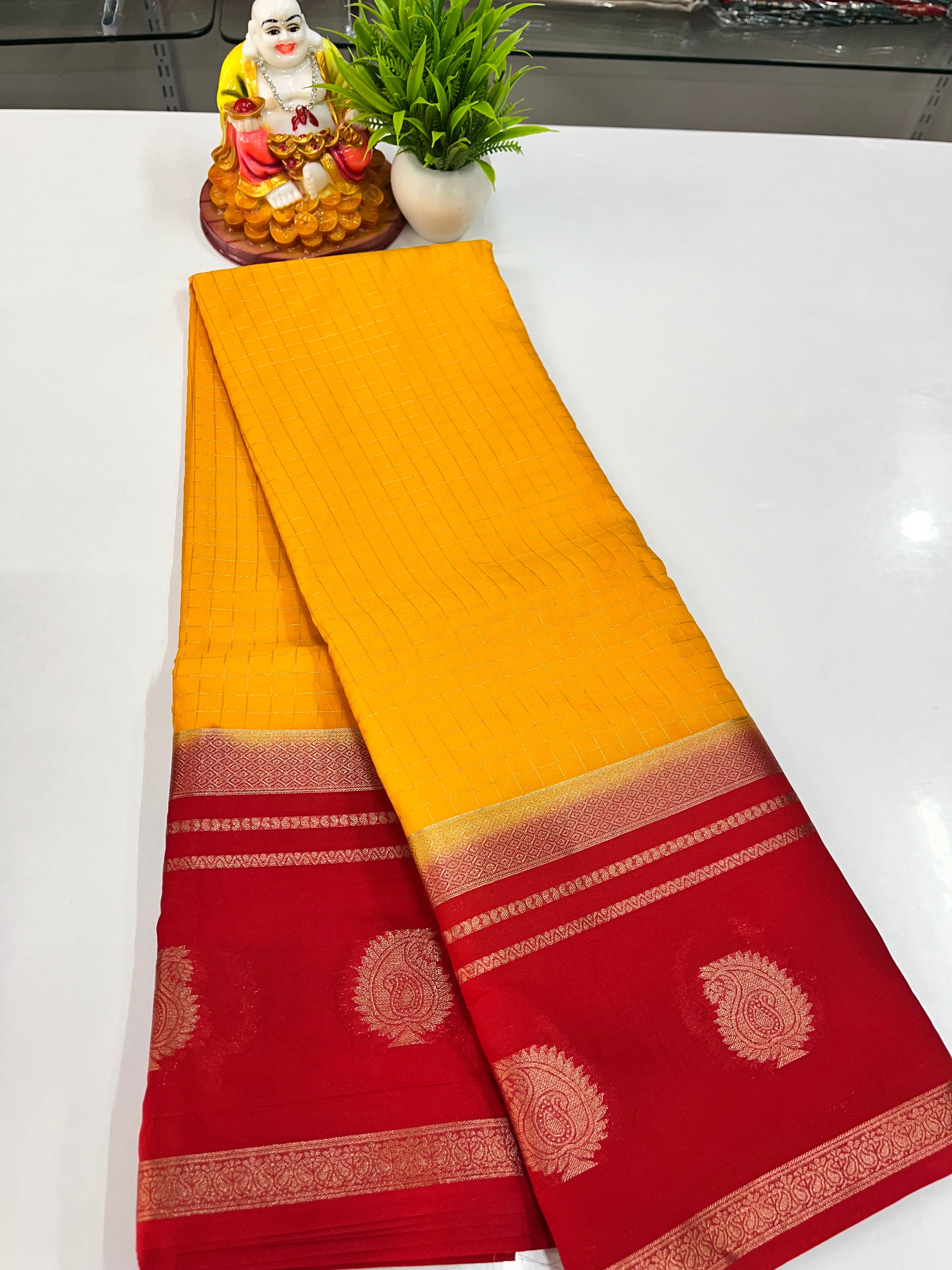 Premium Semi Crepe Saree with Small Checks Pattern ✨