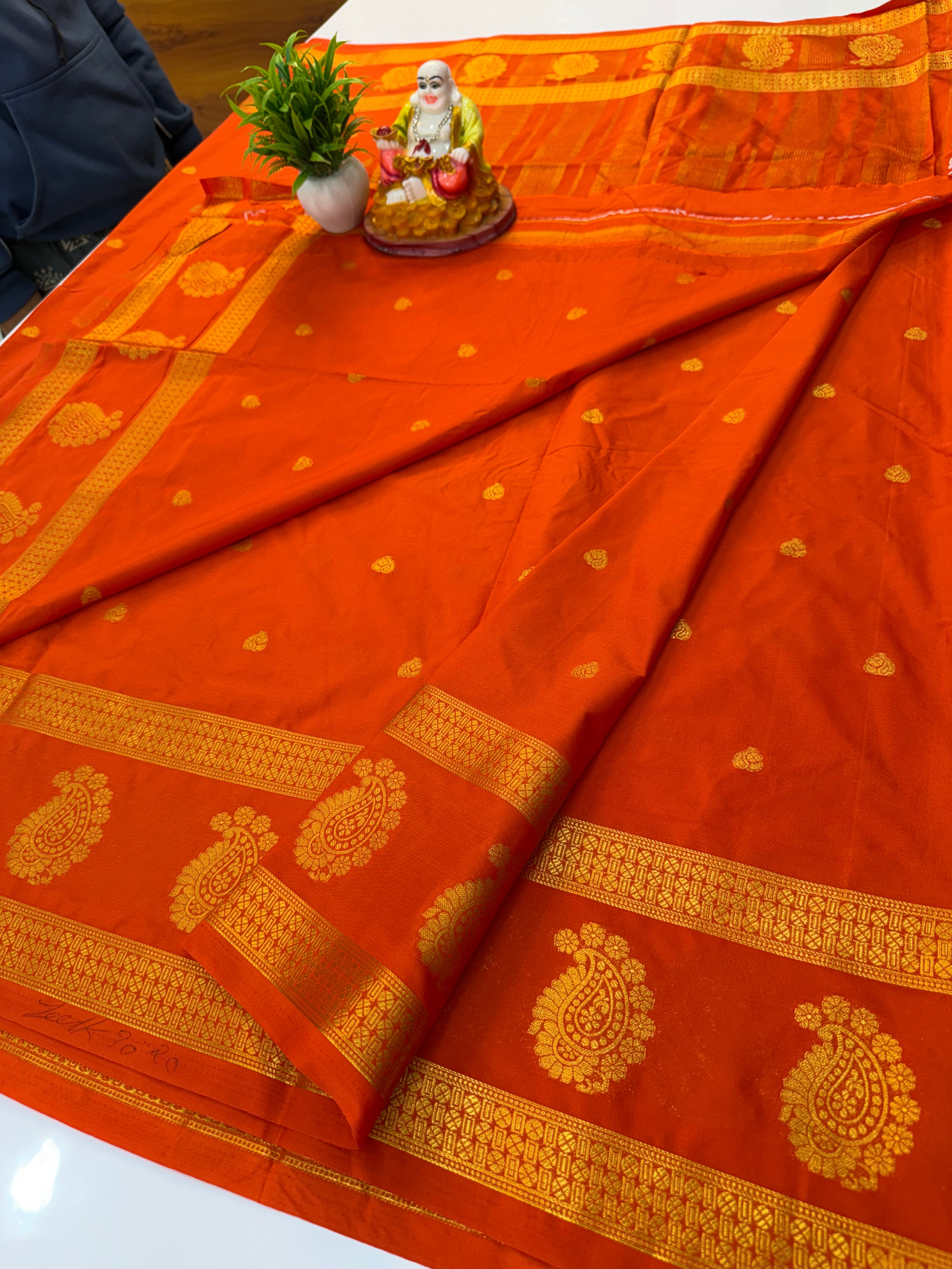 Premium Mysore Crepe Silk Saree with Buttas & Mango Border