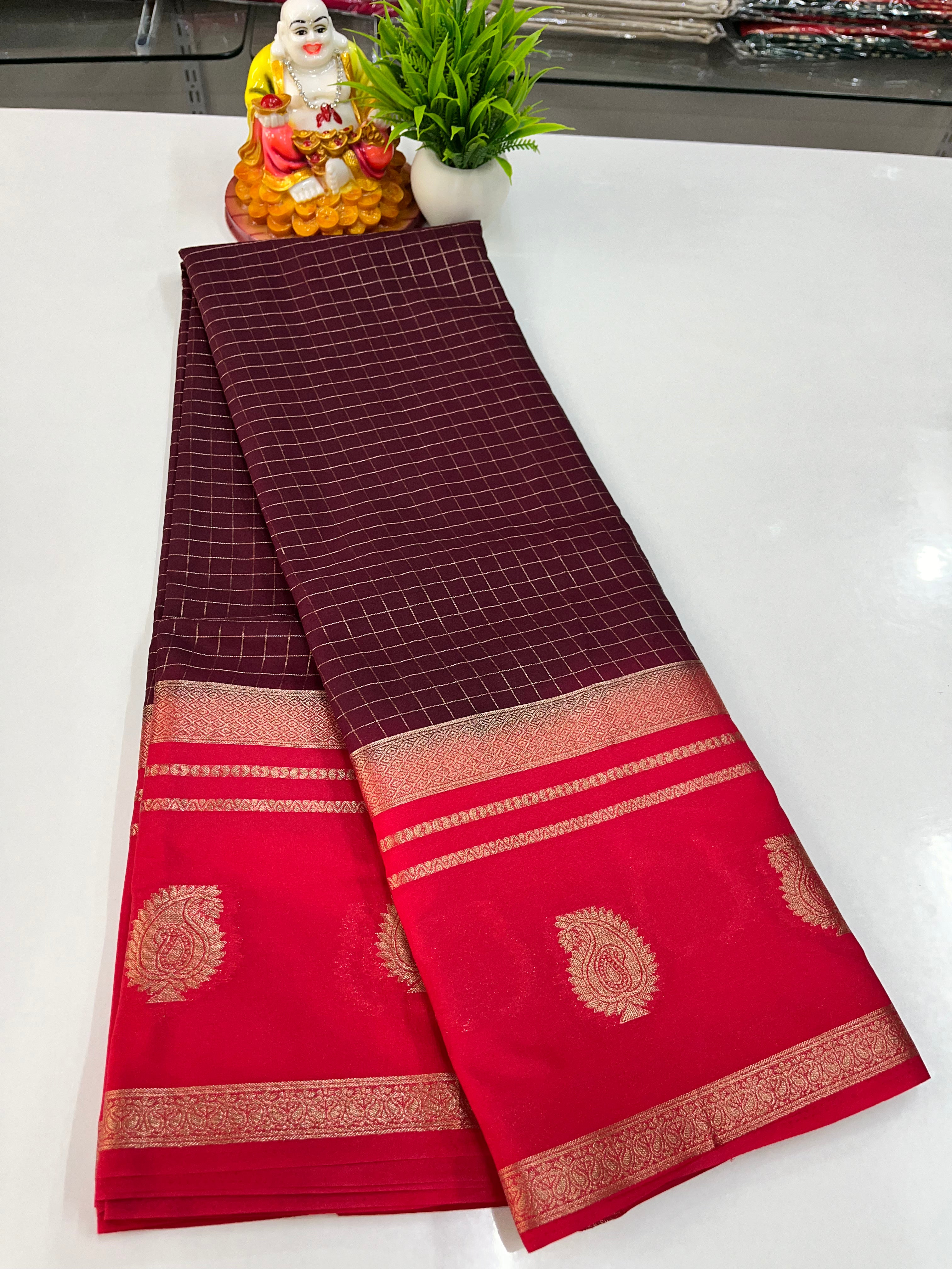 Premium Semi Crepe Saree with Small Checks Pattern ✨