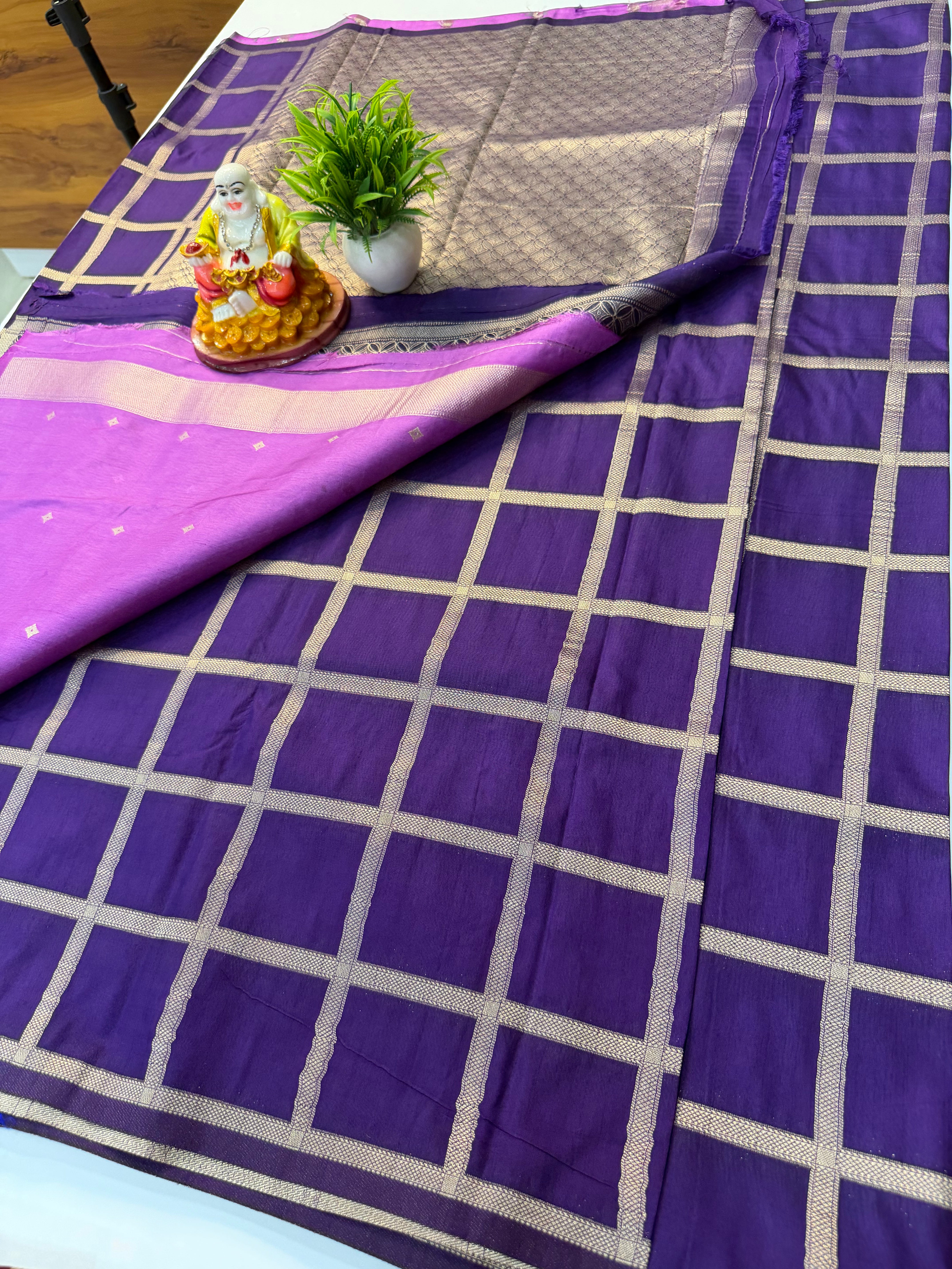 Premium Viscose Mix Semi Silk Saree with Checks Pattern & Contrast Blouse