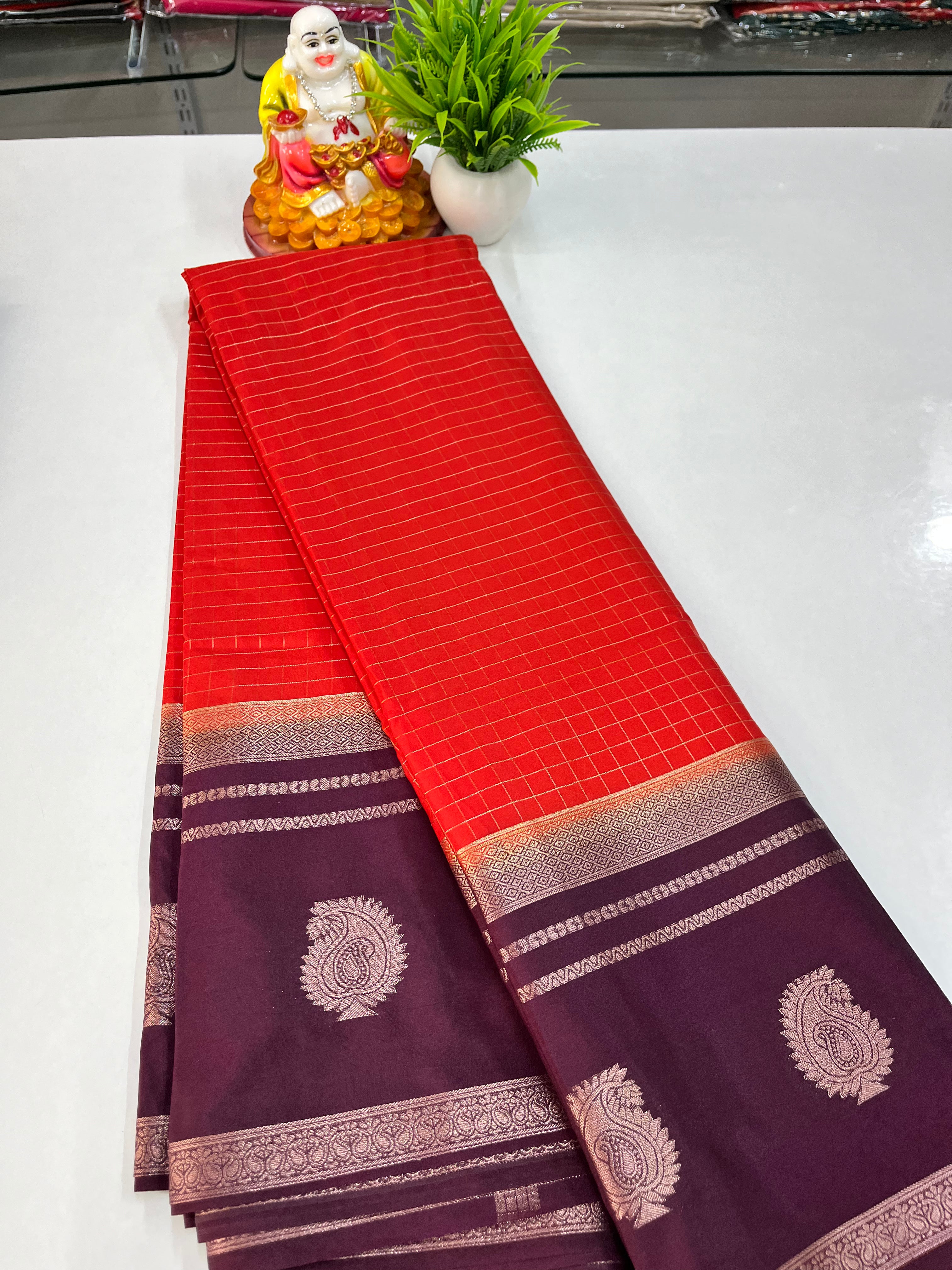 Premium Semi Crepe Saree with Small Checks Pattern ✨