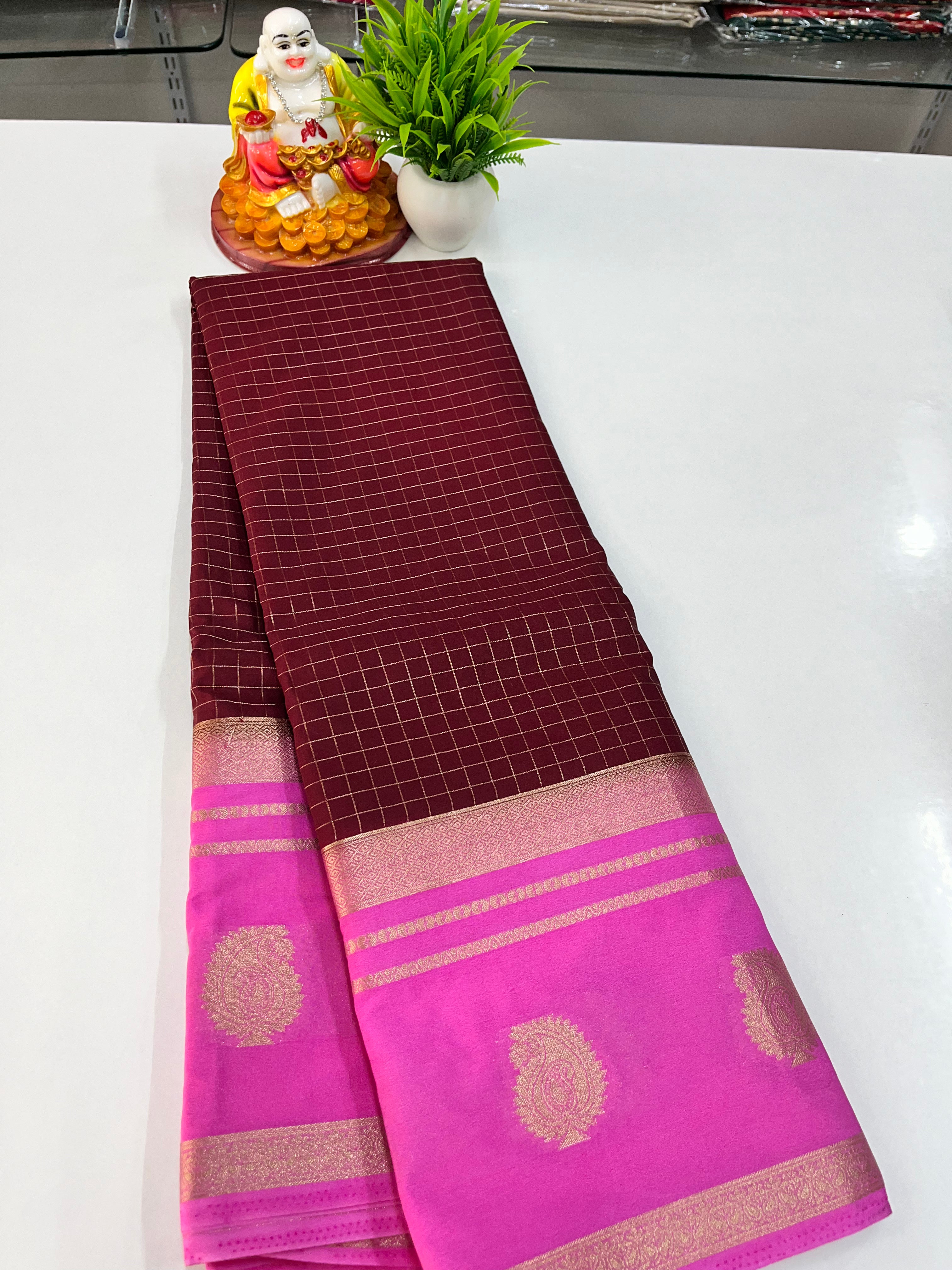 Premium Semi Crepe Saree with Small Checks Pattern ✨