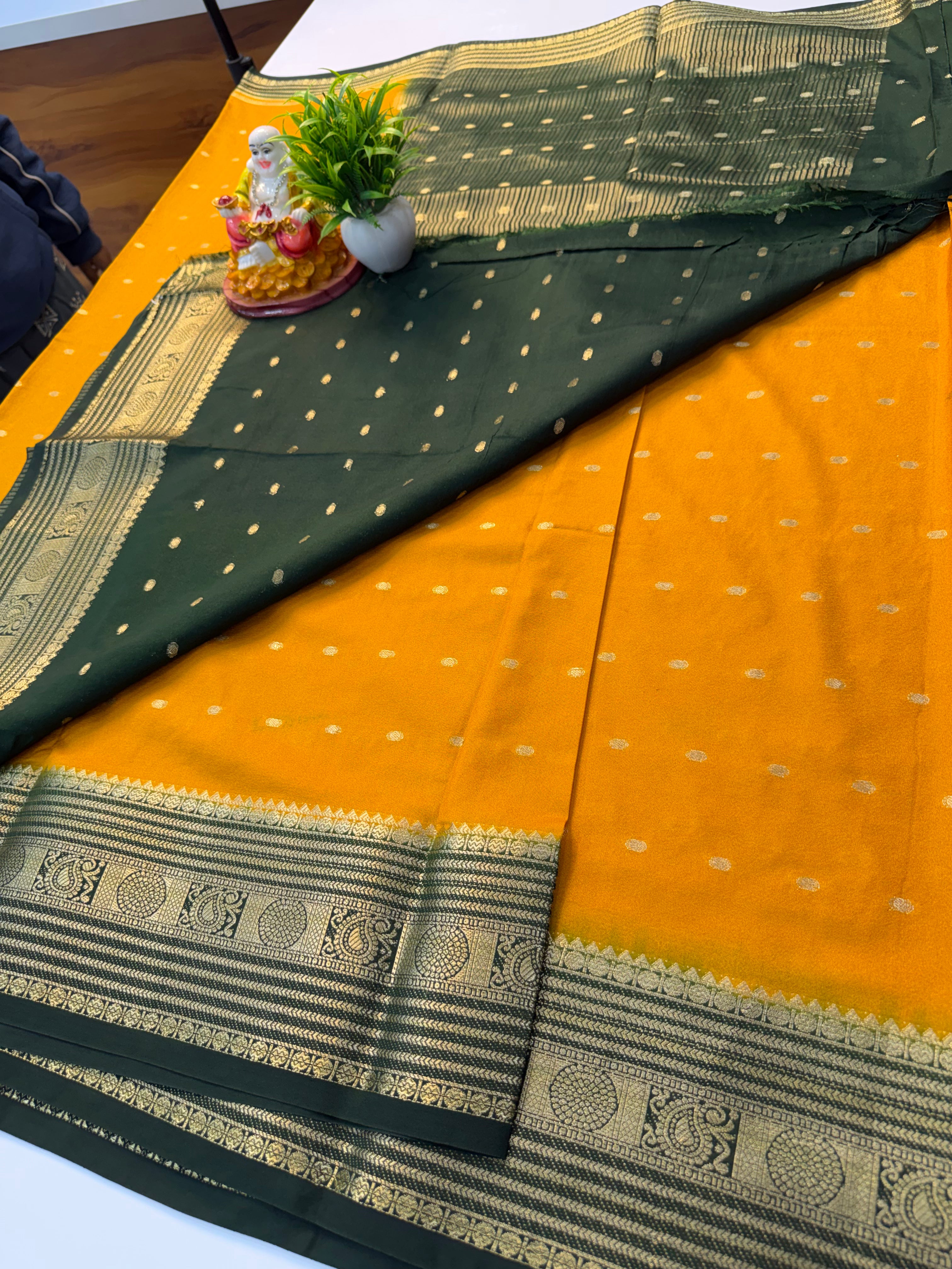 Mysore Crepe Silk Saree with Elegant Buttas & Rich Pallu