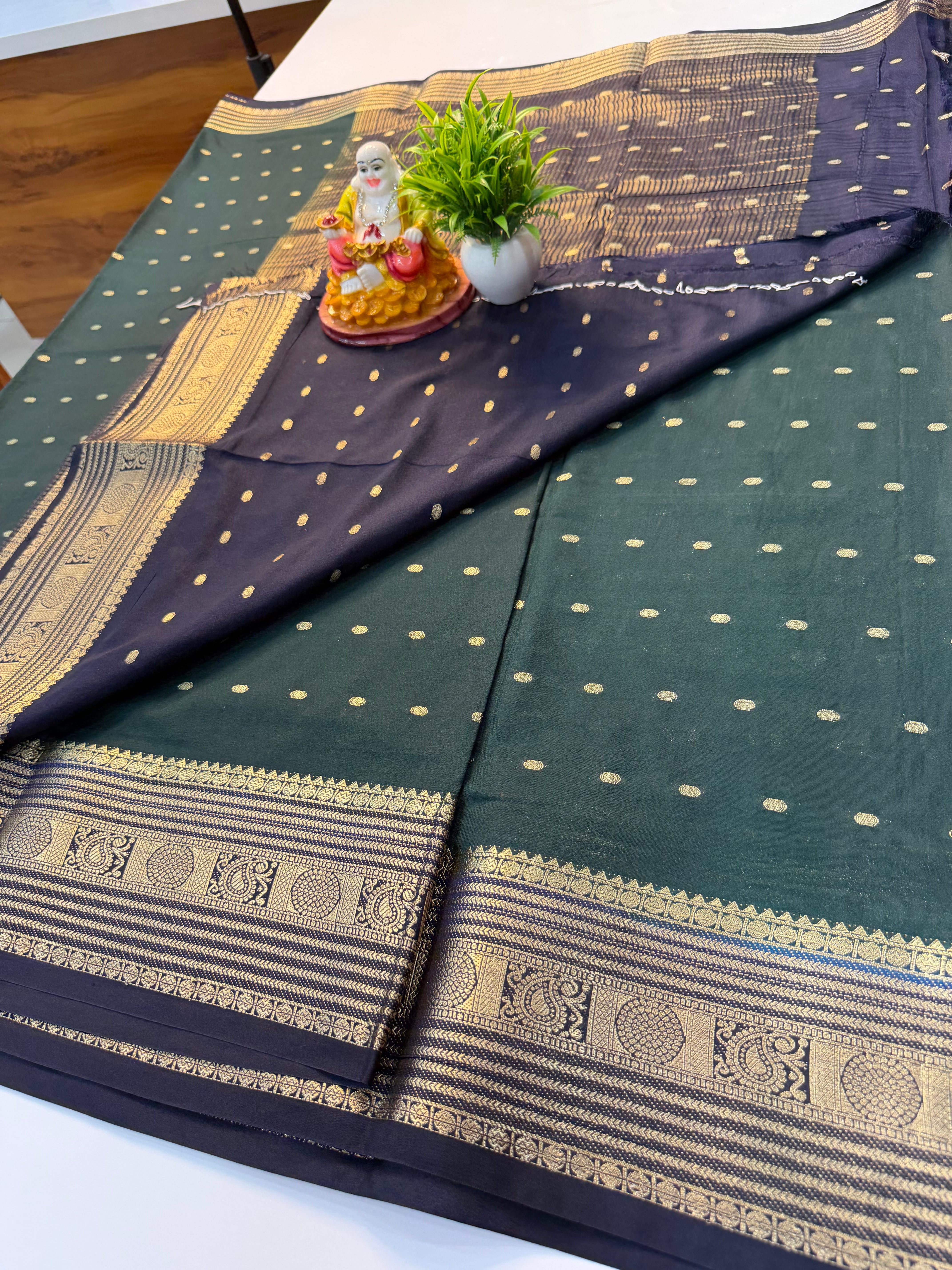 Mysore Crepe Silk Saree with Elegant Buttas & Rich Pallu