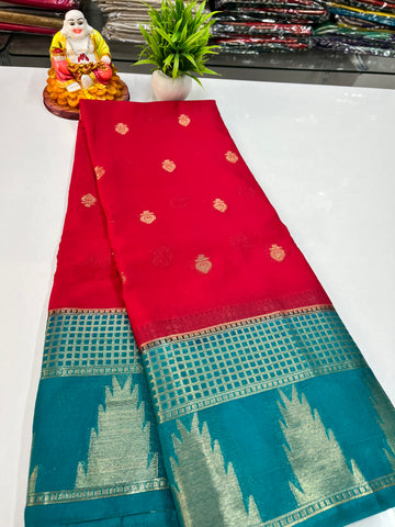 Beautiful Chiffon Saree with Temple Border and Contrast Blouse