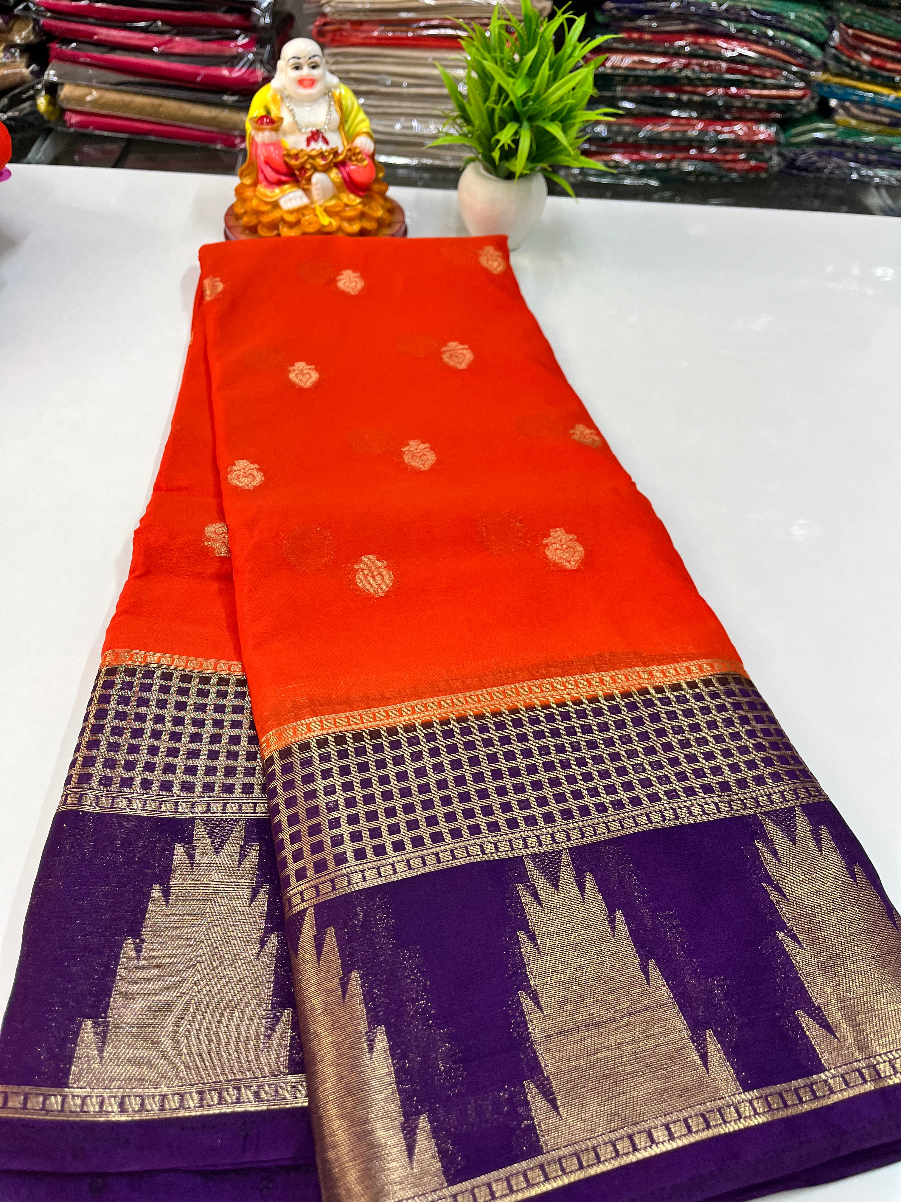 Beautiful Chiffon Saree with Temple Border and Contrast Blouse