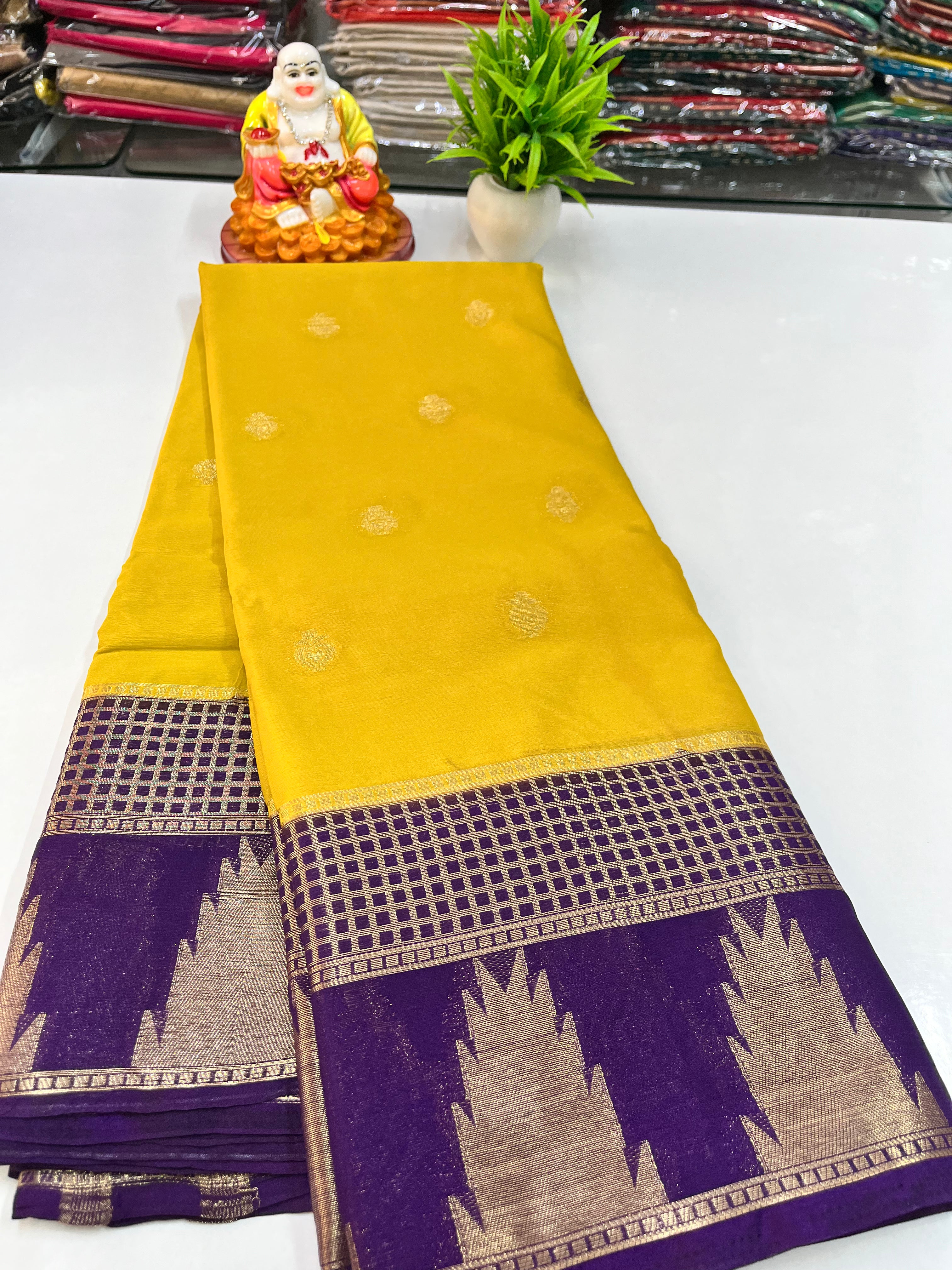 Beautiful Chiffon Saree with Temple Border and Contrast Blouse