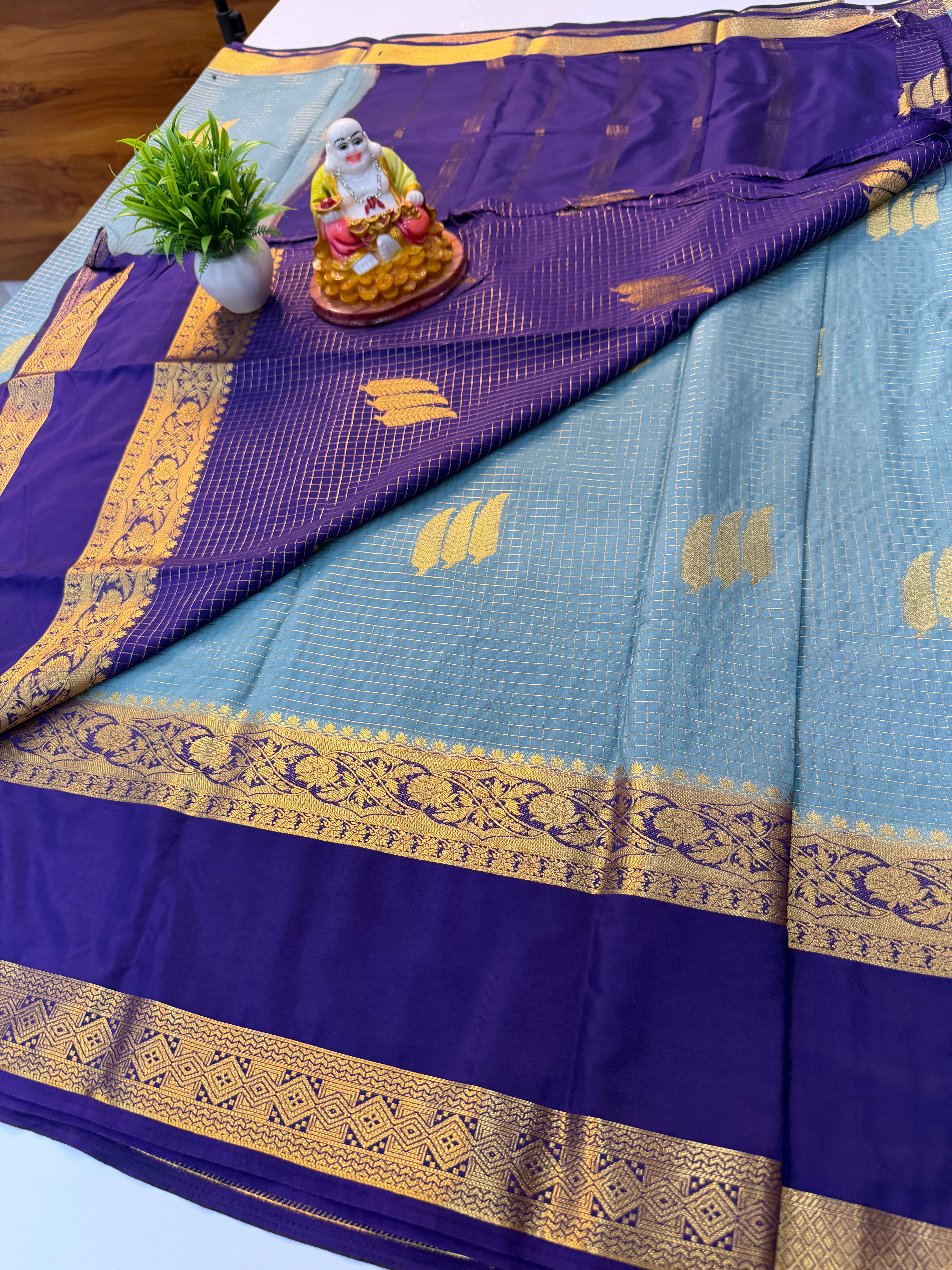 Premium Mysore Crepe Silk Saree with Checks Pattern & Bentex Border | Padmavathi Silks and Sarees