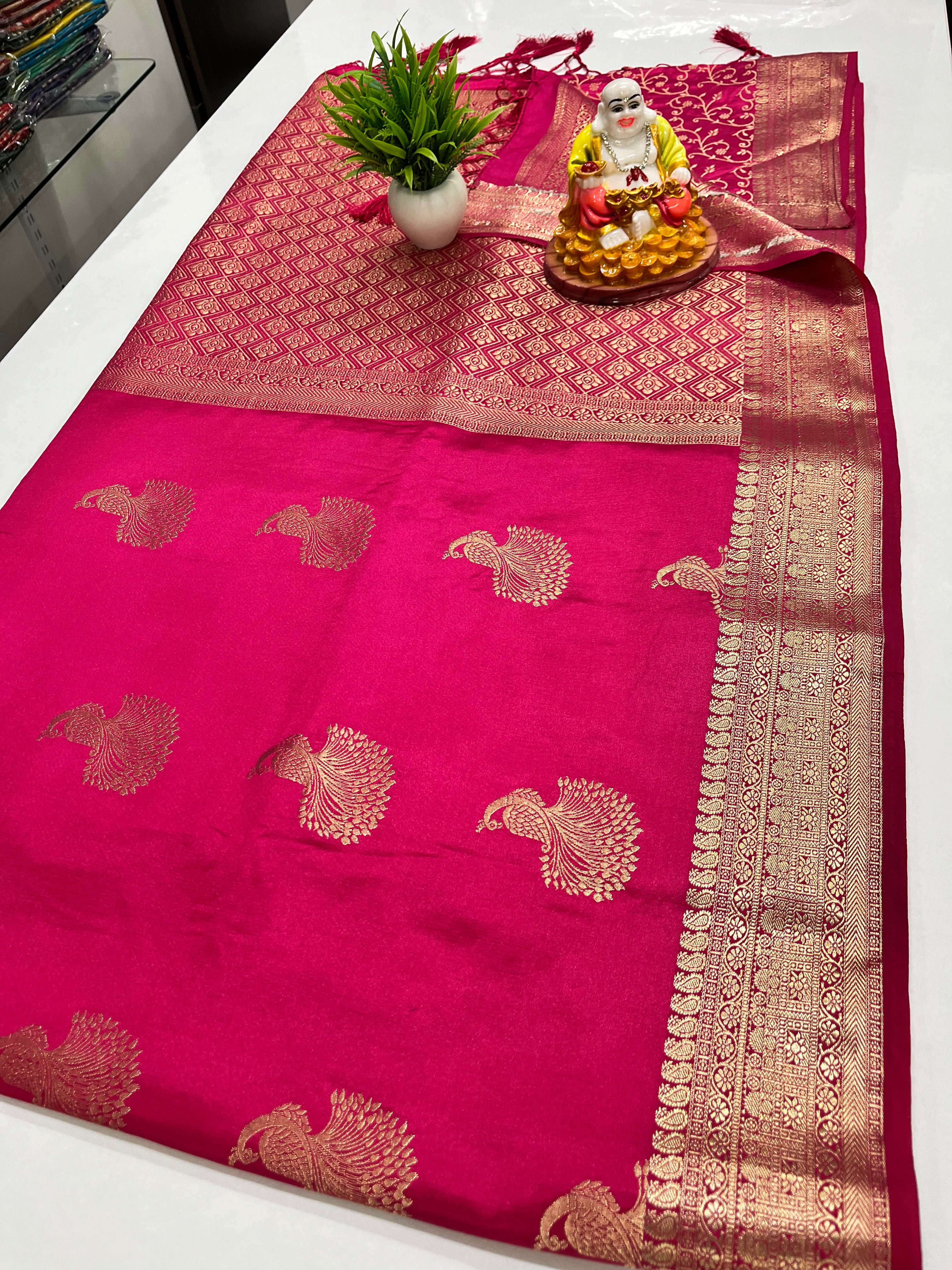 primium satin saree with beautiful peacock design with brocade blouse and rich pallu